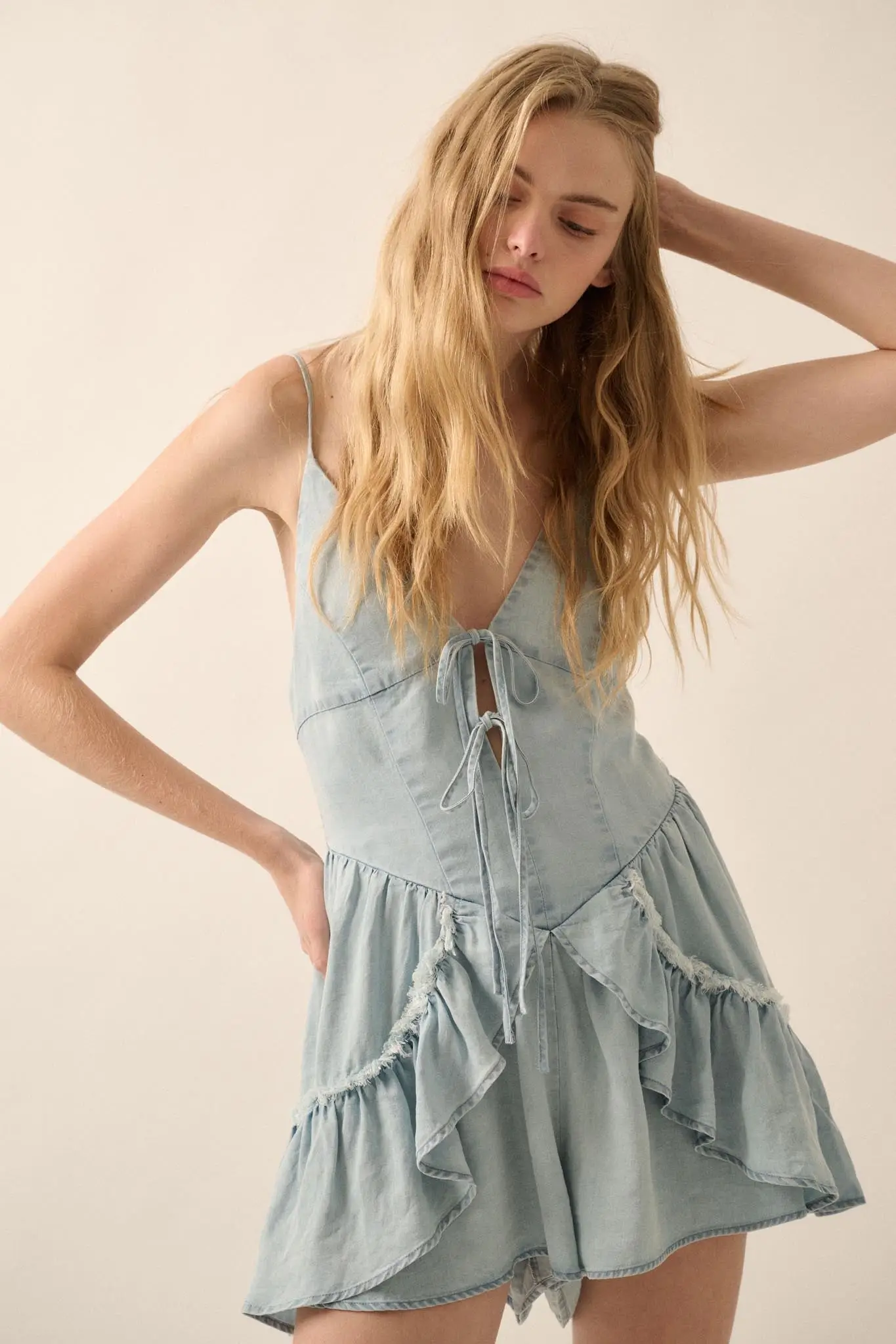 Above the Clouds Ruffled Denim Tie-Front Romper - Image 4