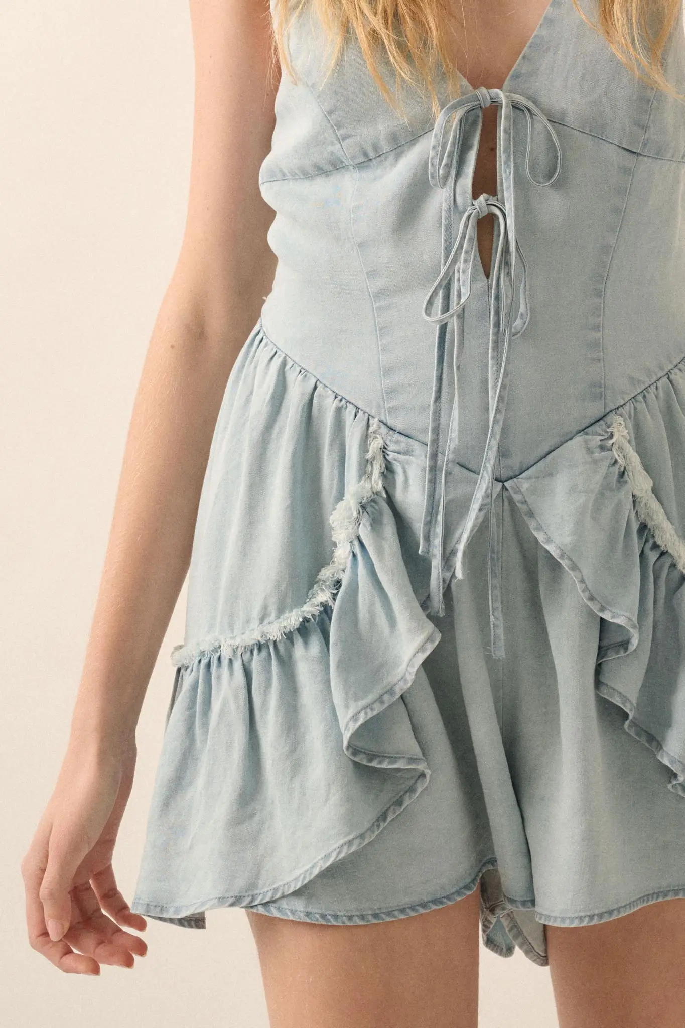 Above the Clouds Ruffled Denim Tie-Front Romper - Image 5