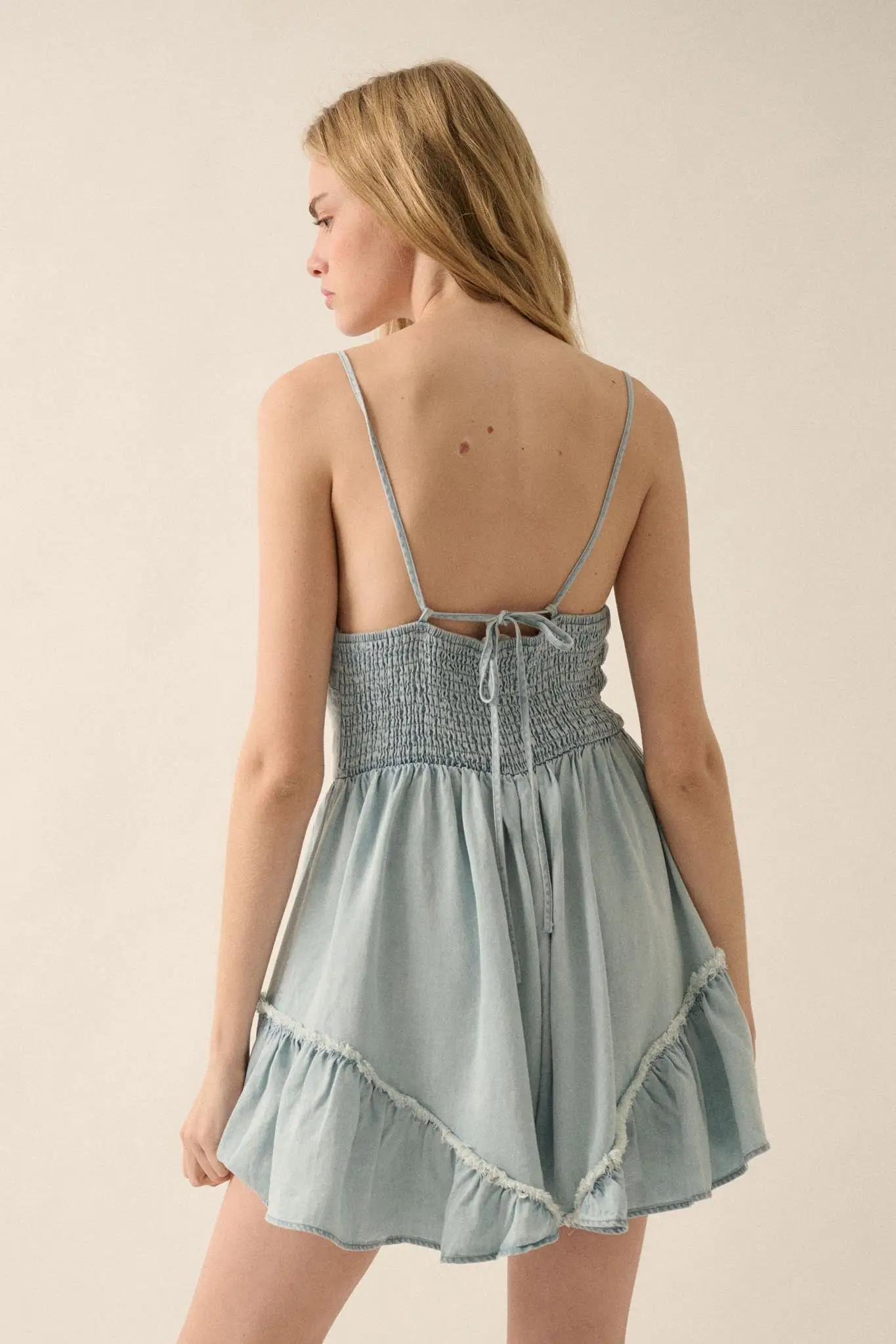Above the Clouds Ruffled Denim Tie-Front Romper - Image 9