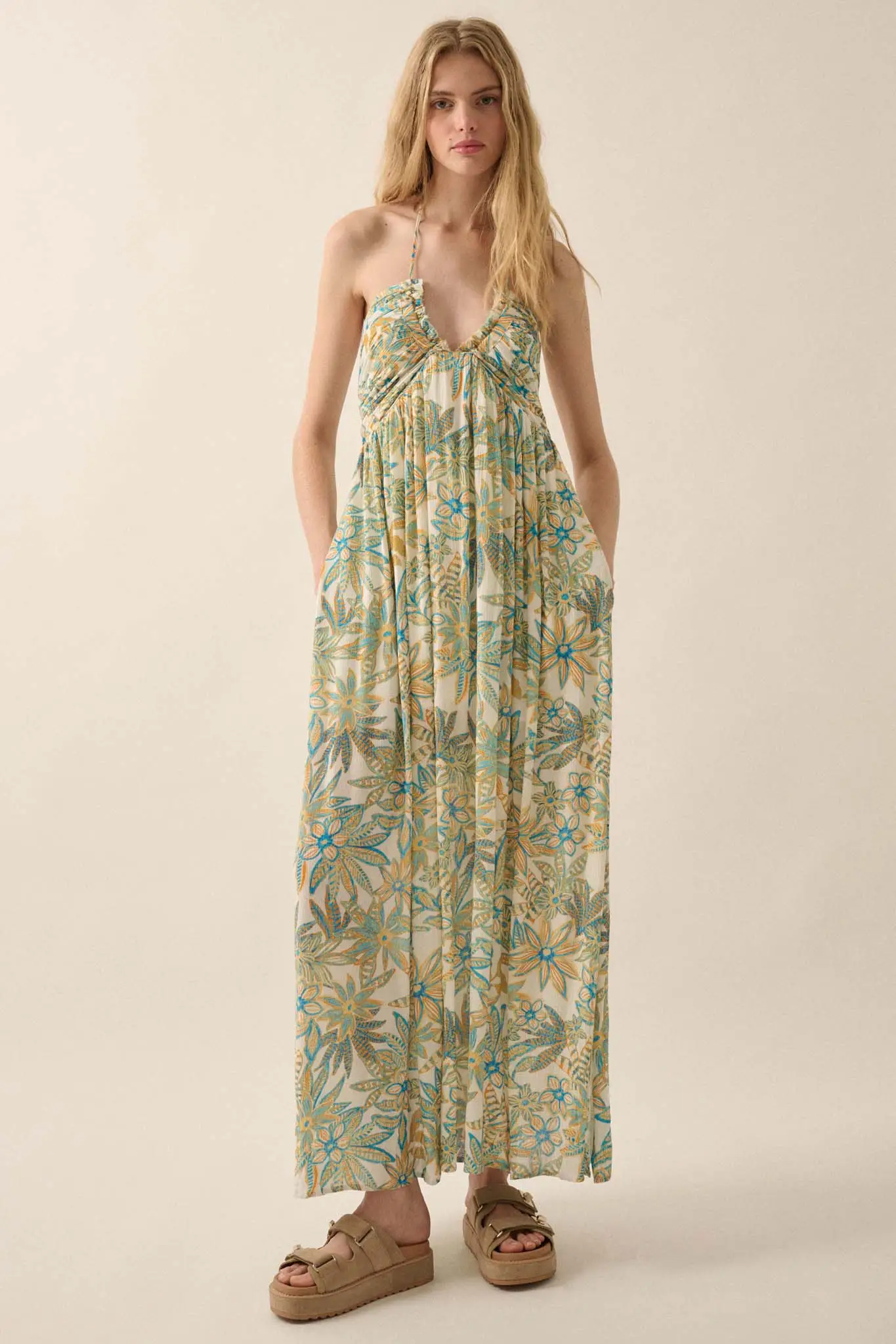Abundant Blooms Floral Crepe Halter Maxi Dress - Image 4