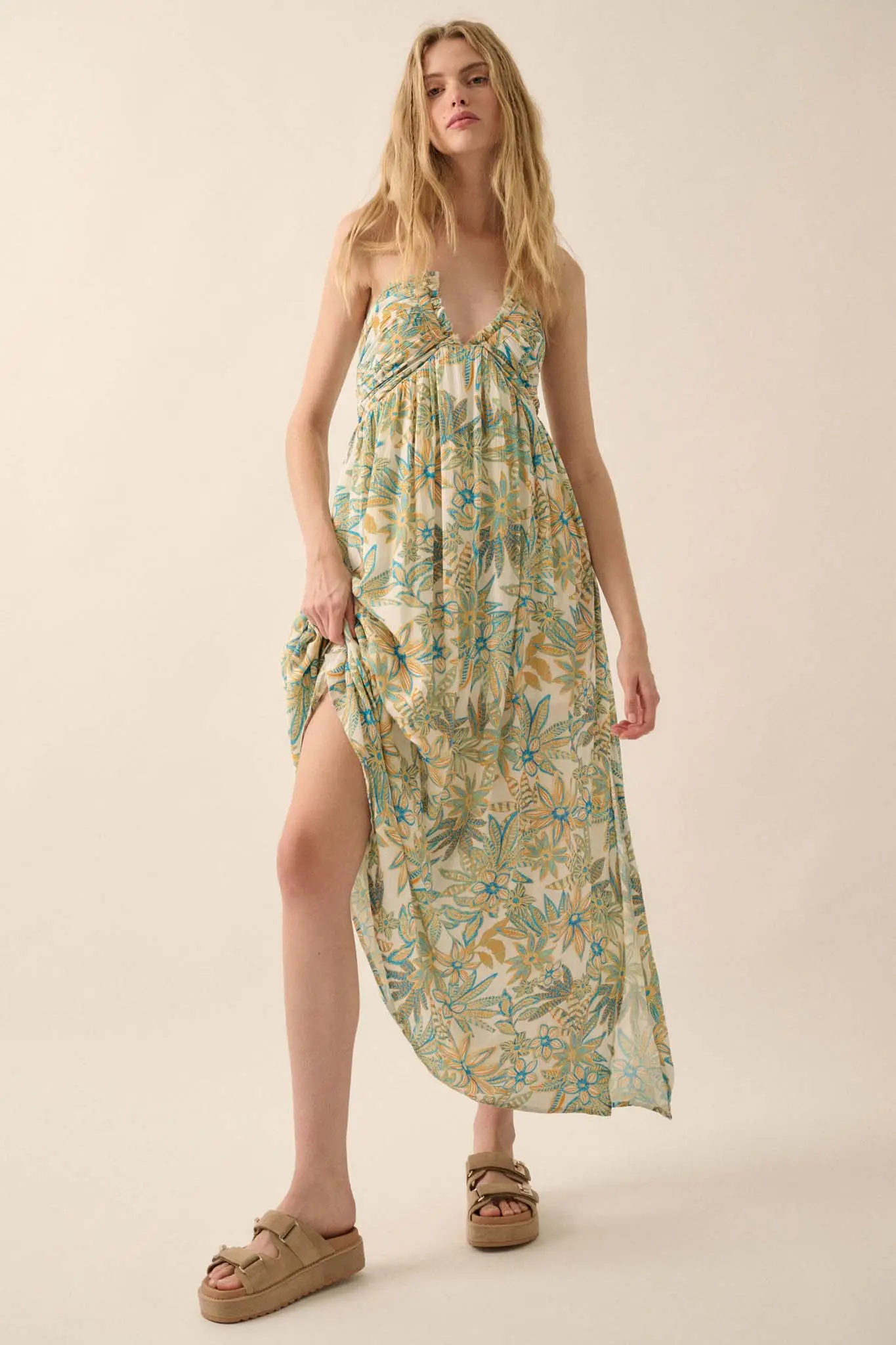 Abundant Blooms Floral Crepe Halter Maxi Dress - Image 6