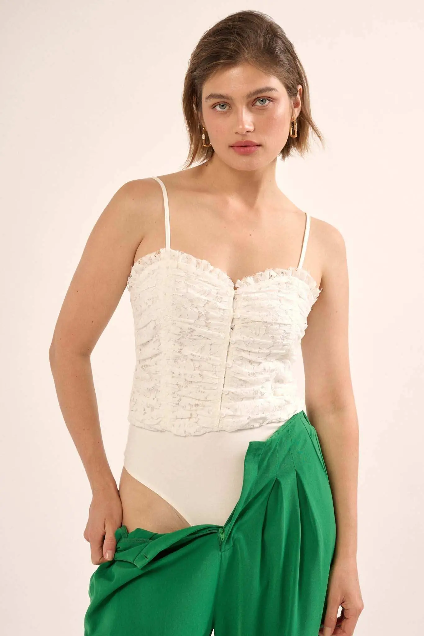 Ace of Lace Ruched Floral Lace Cami Bodysuit - Image 7