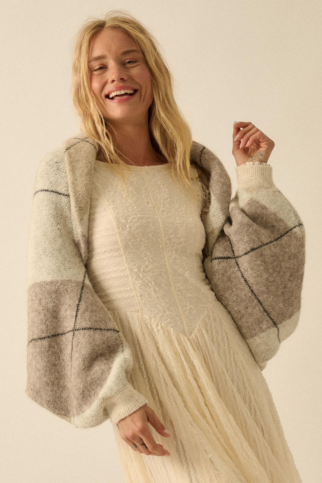 Across the Board Argyle Knit Shrug Cardigan - Image 4