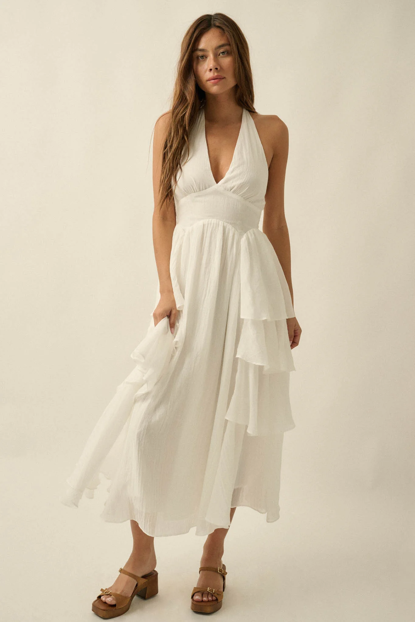 All Aflutter Gauze Tiered Ruffle Halter Maxi Dress - Image 13