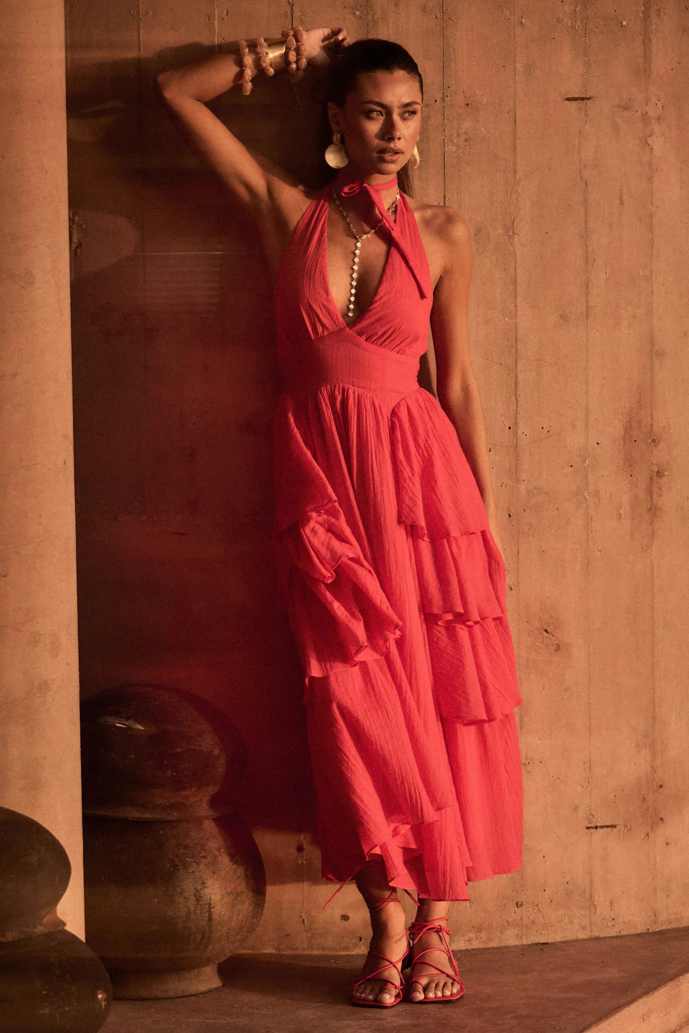 All Aflutter Gauze Tiered Ruffle Halter Maxi Dress - Image 3
