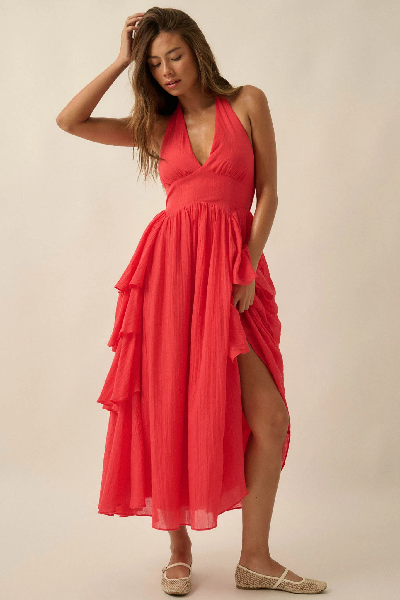 All Aflutter Gauze Tiered Ruffle Halter Maxi Dress - Image 4