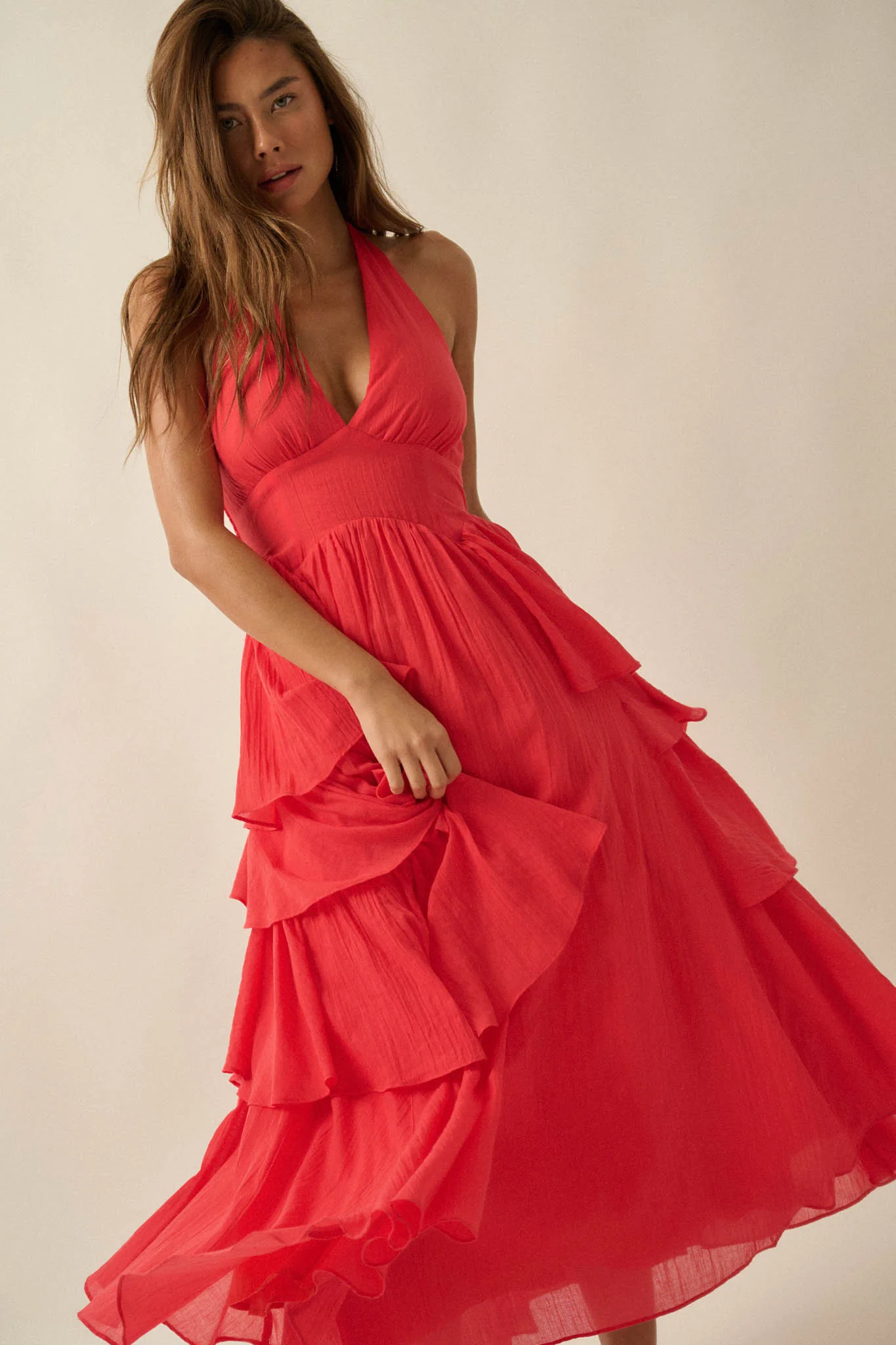 All Aflutter Gauze Tiered Ruffle Halter Maxi Dress - Image 6