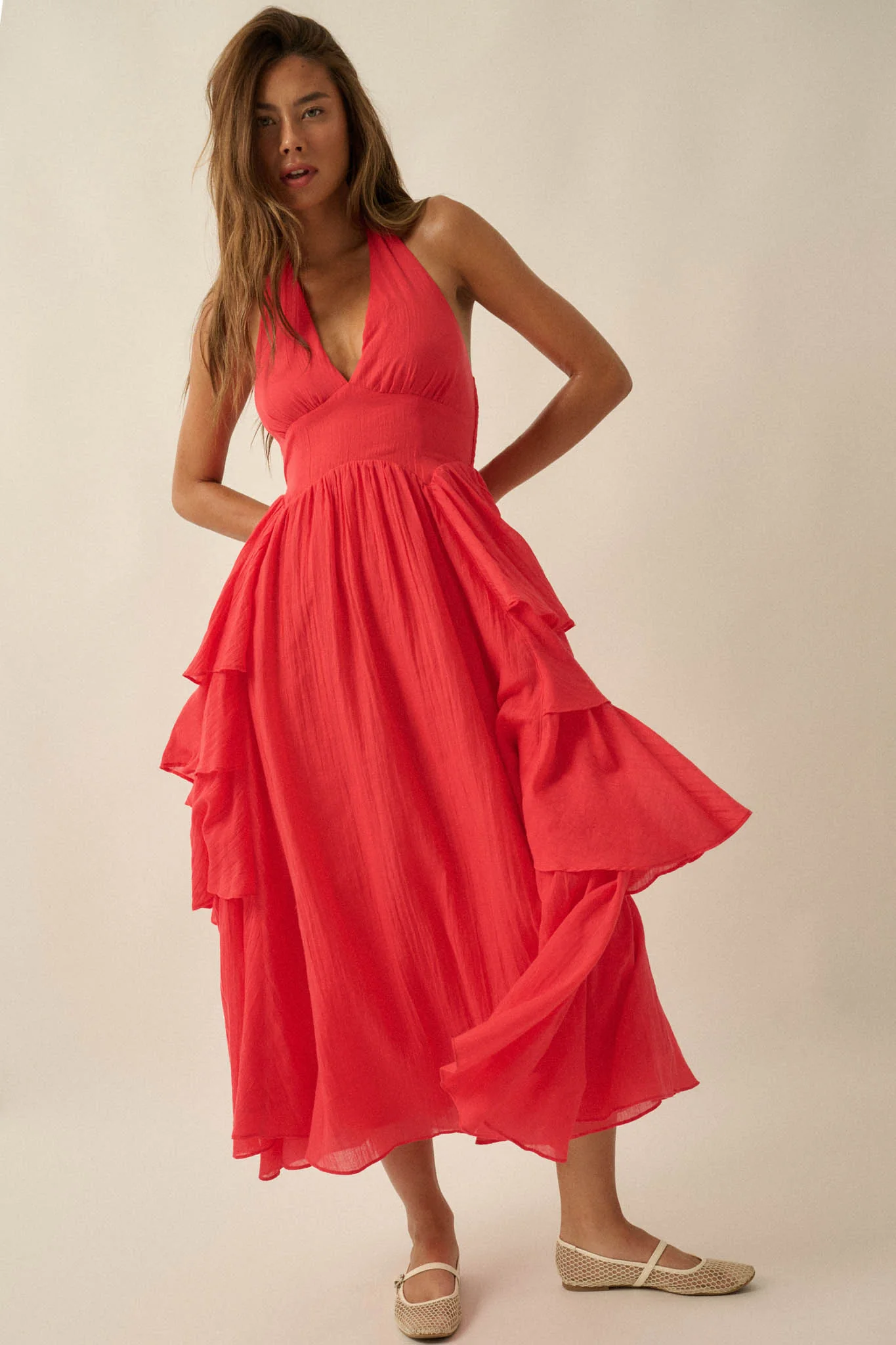 All Aflutter Gauze Tiered Ruffle Halter Maxi Dress - Image 7