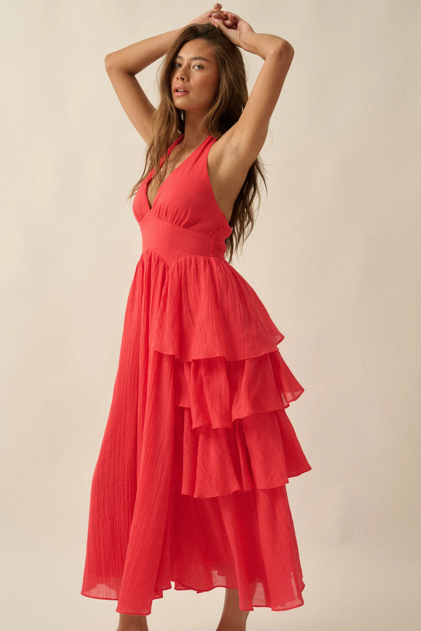 All Aflutter Gauze Tiered Ruffle Halter Maxi Dress - Image 8