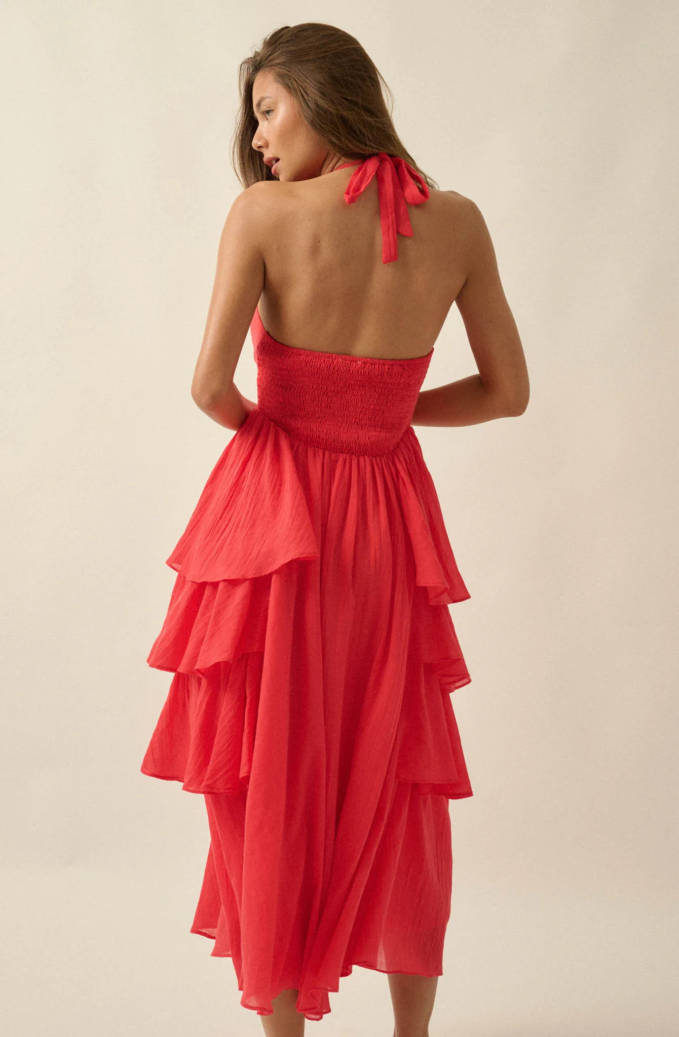 All Aflutter Gauze Tiered Ruffle Halter Maxi Dress - Image 9