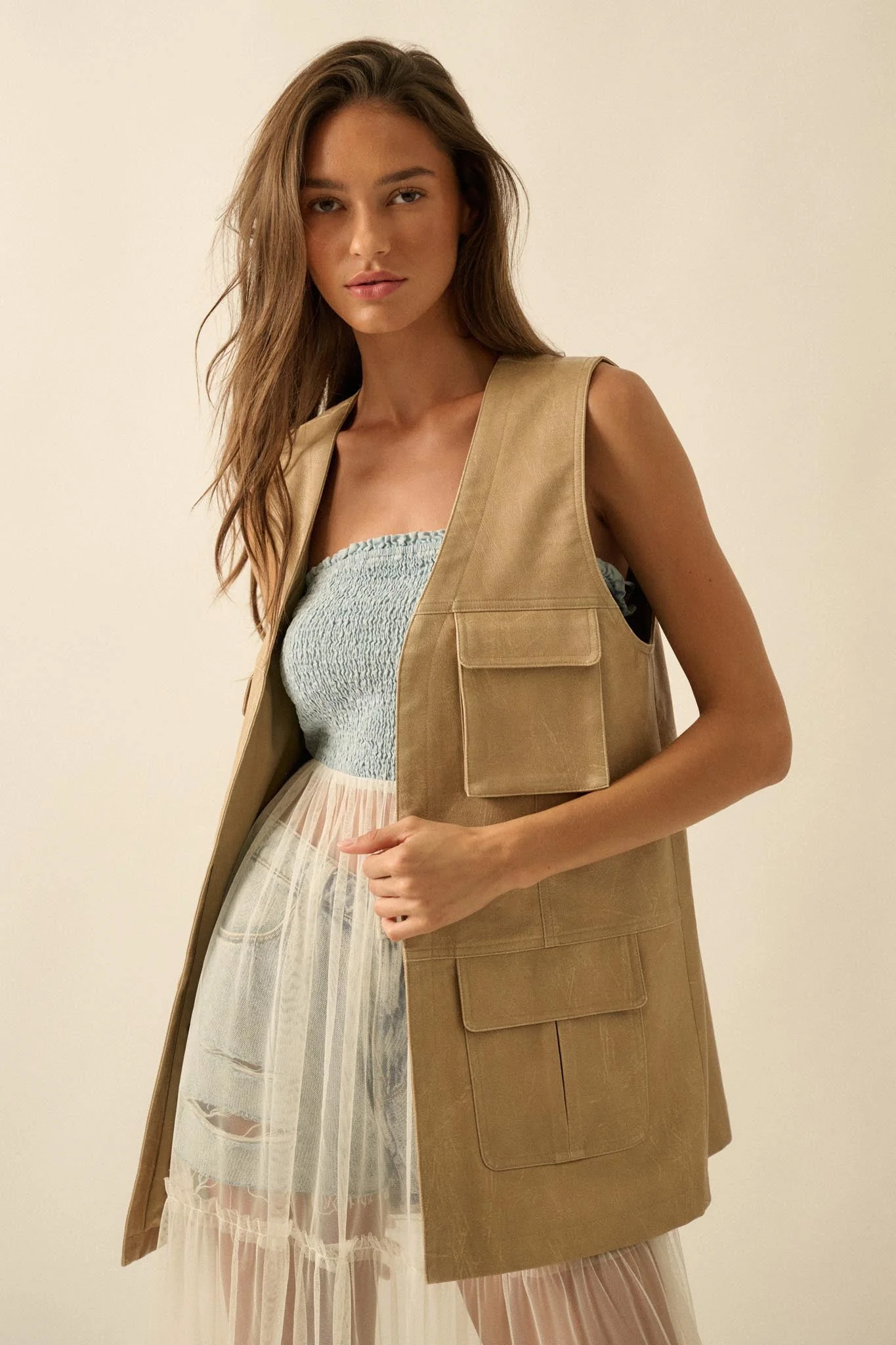 All Day Long Vegan Leather Open-Front Cargo Vest - Image 4