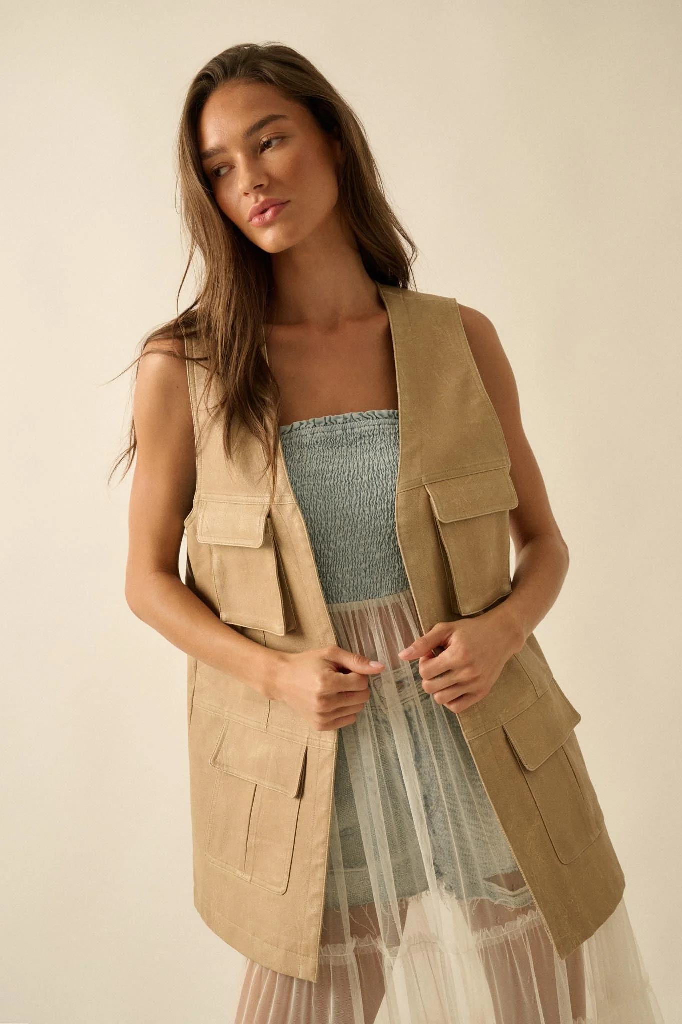 All Day Long Vegan Leather Open-Front Cargo Vest - Image 7