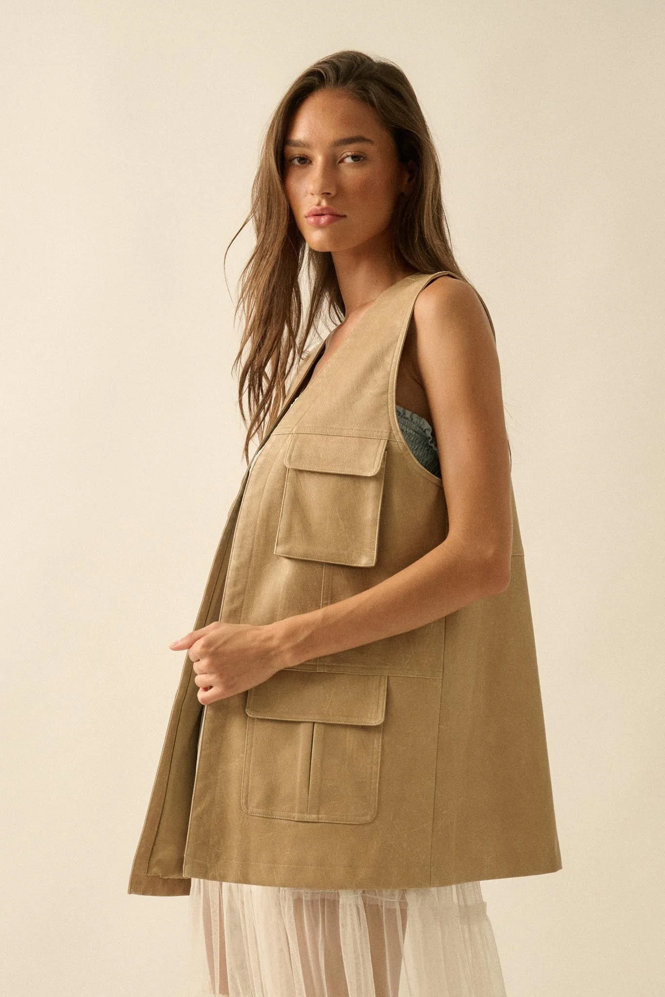 All Day Long Vegan Leather Open-Front Cargo Vest - Image 8