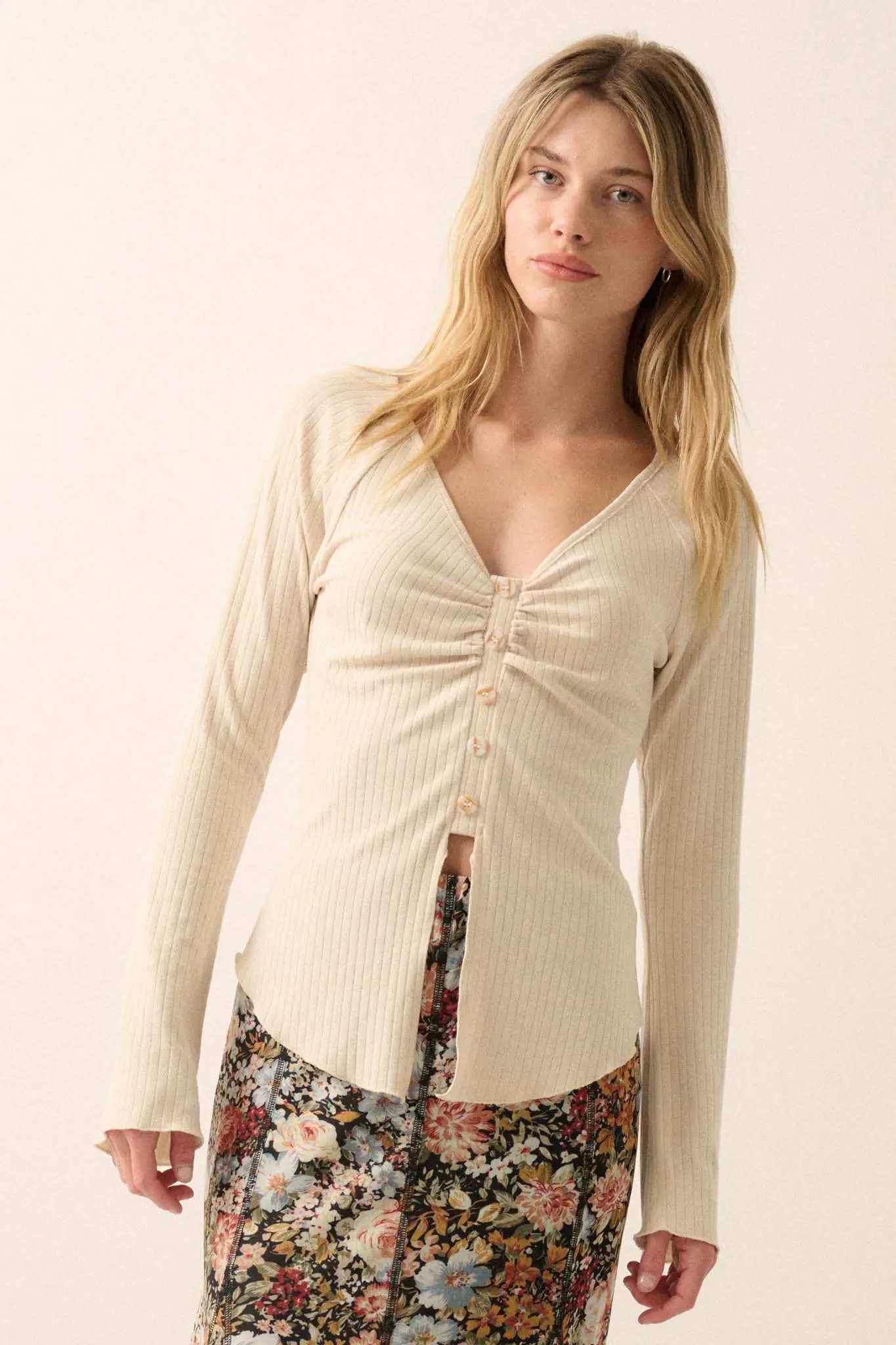 All Good Ribbed Knit Bell-Sleeve Split-Front Top - Image 10