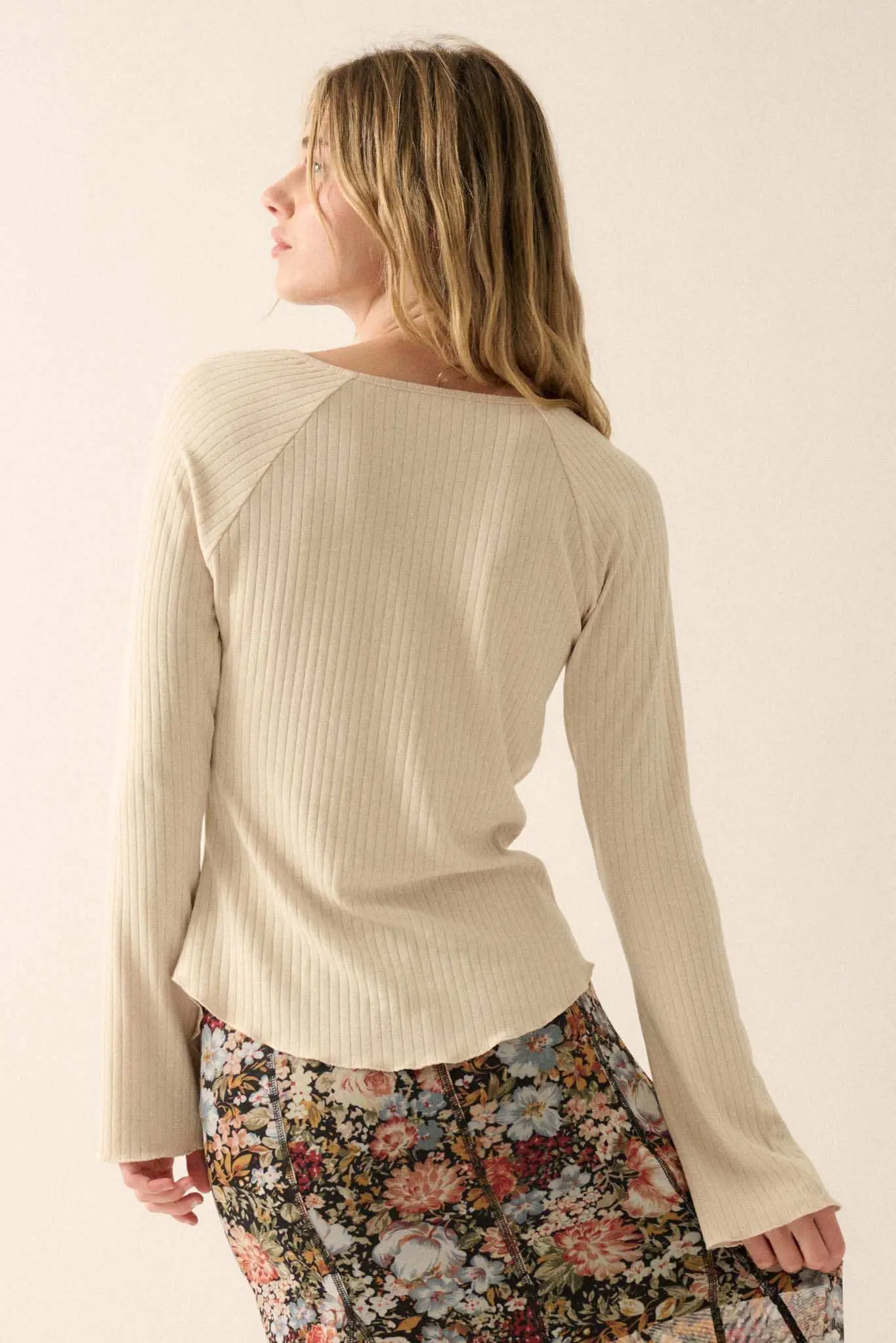 All Good Ribbed Knit Bell-Sleeve Split-Front Top - Image 12