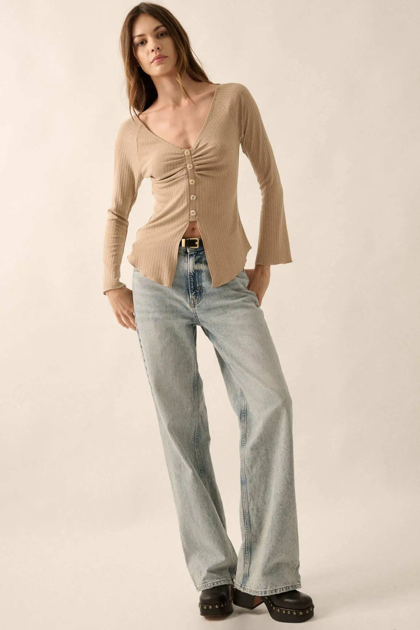 All Good Ribbed Knit Bell-Sleeve Split-Front Top - Image 15
