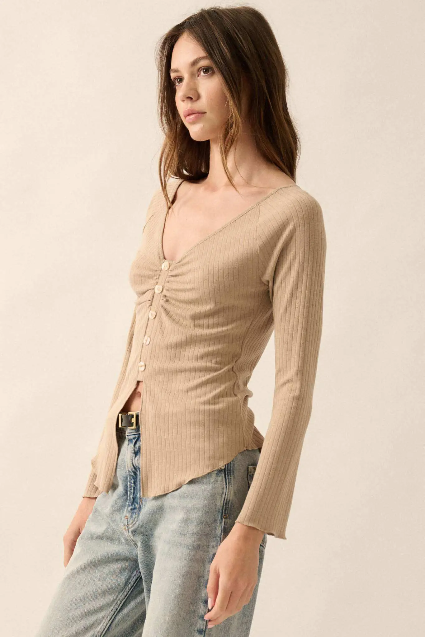 All Good Ribbed Knit Bell-Sleeve Split-Front Top - Image 17