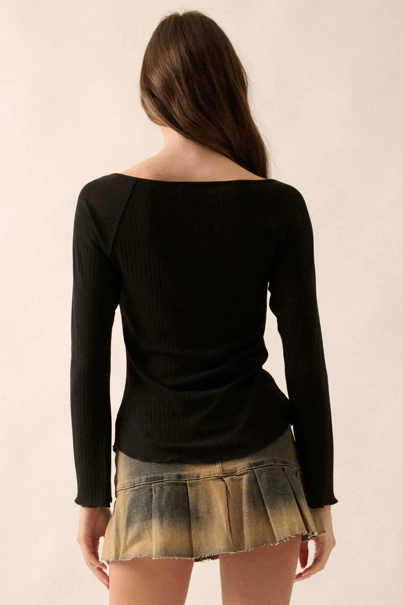 All Good Ribbed Knit Bell-Sleeve Split-Front Top - Image 2