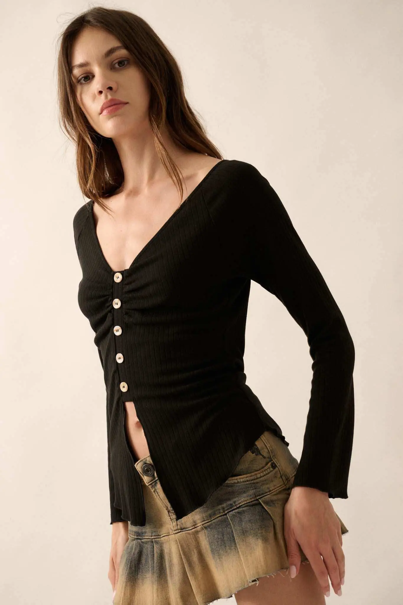 All Good Ribbed Knit Bell-Sleeve Split-Front Top - Image 6