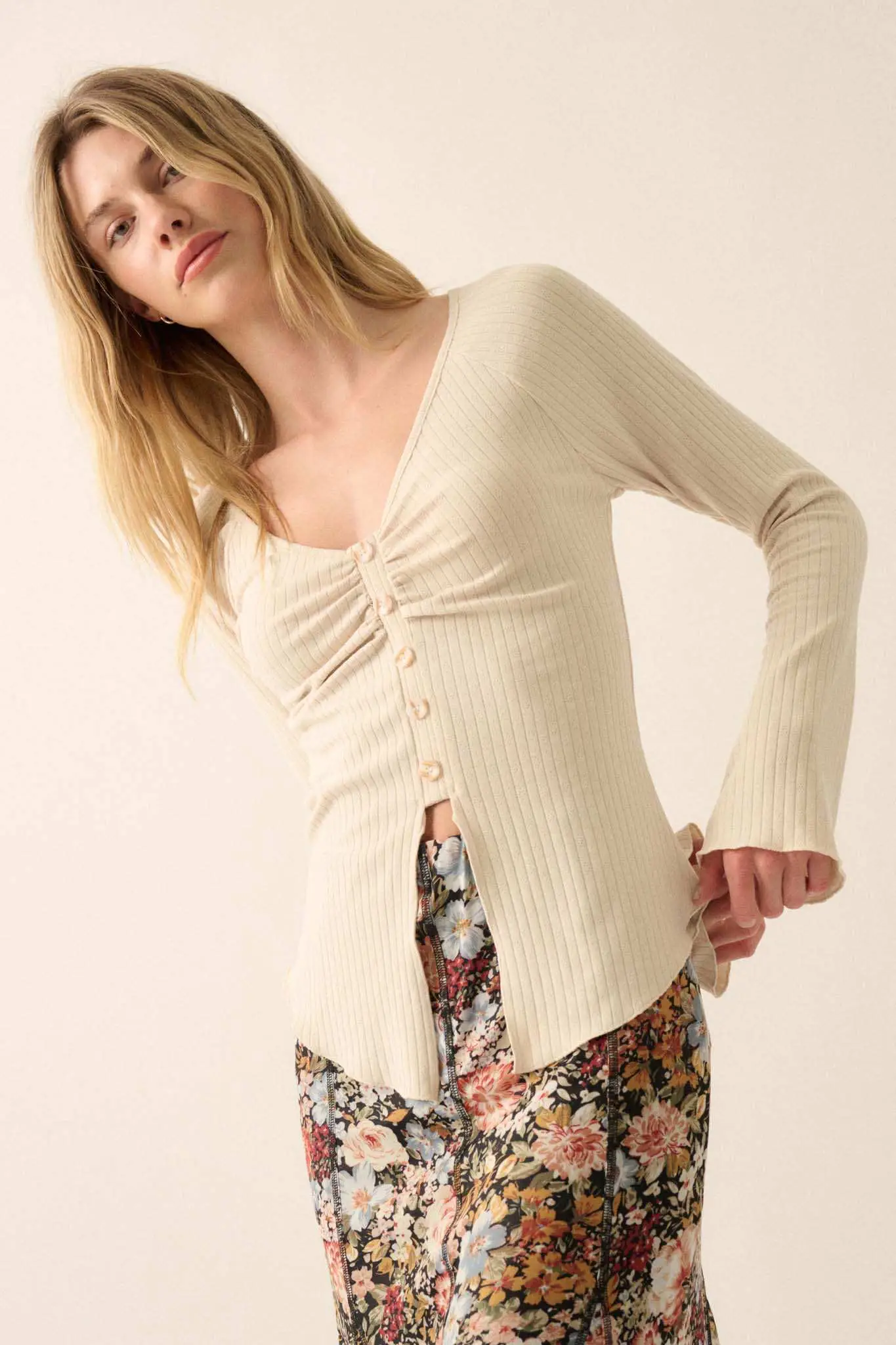 All Good Ribbed Knit Bell-Sleeve Split-Front Top - Image 7
