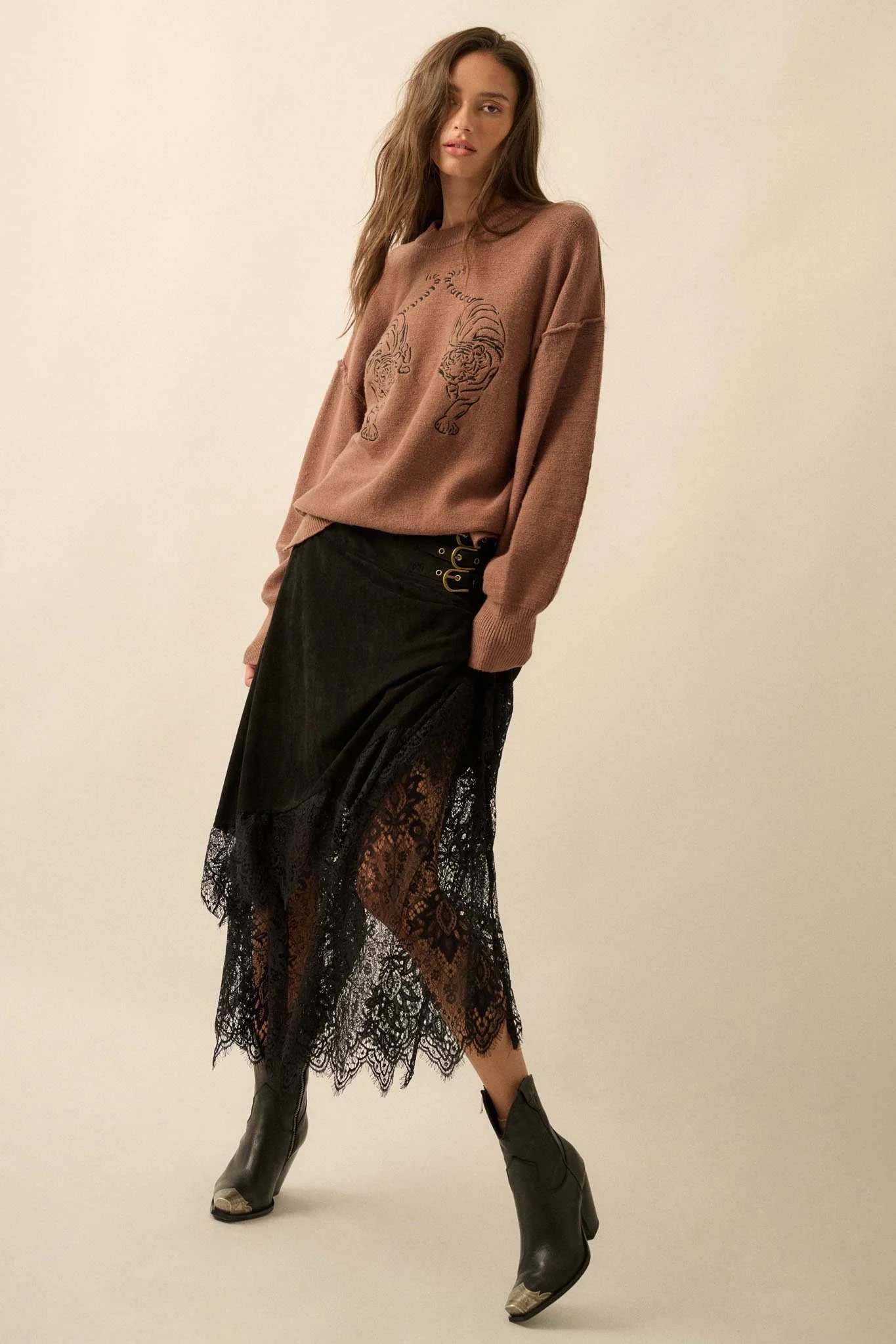 Angelic Touch Vegan Suede and Lace Maxi Skirt - Image 13