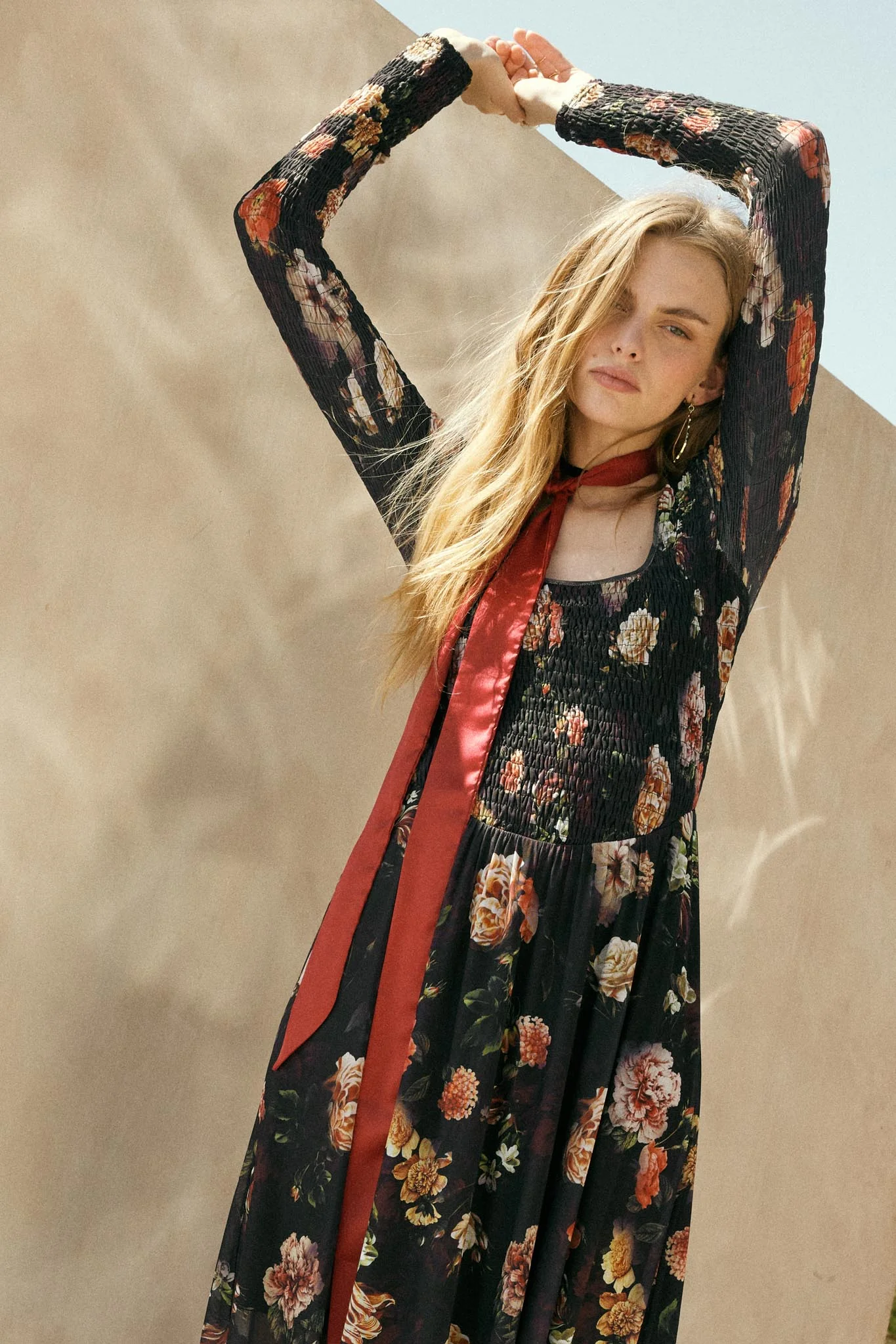 Antique Garden Floral Mesh Smocked Midi Dress - Image 2