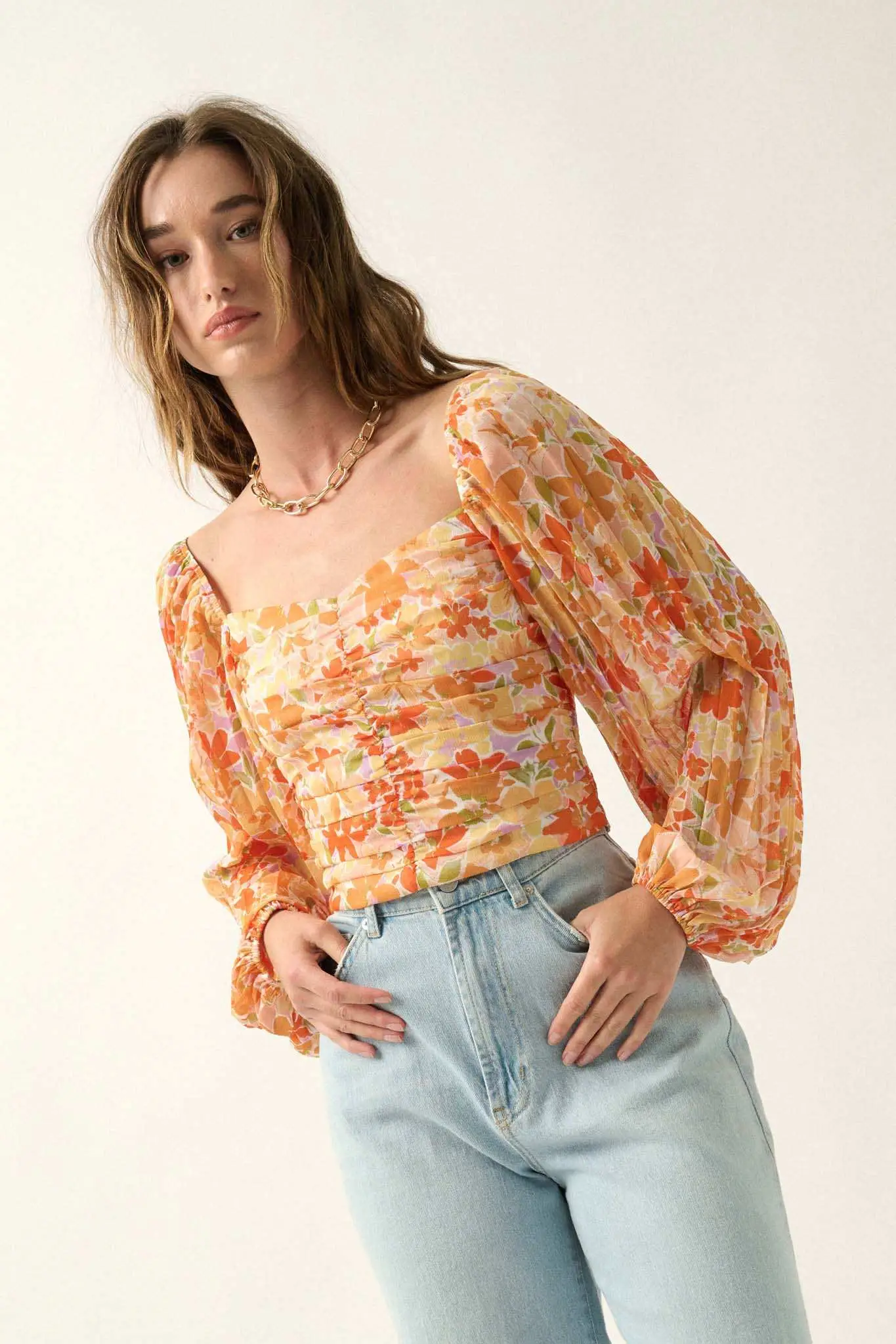 Apricot Kiss Ruched Floral Chiffon Pleated-Sleeve Top - Image 3