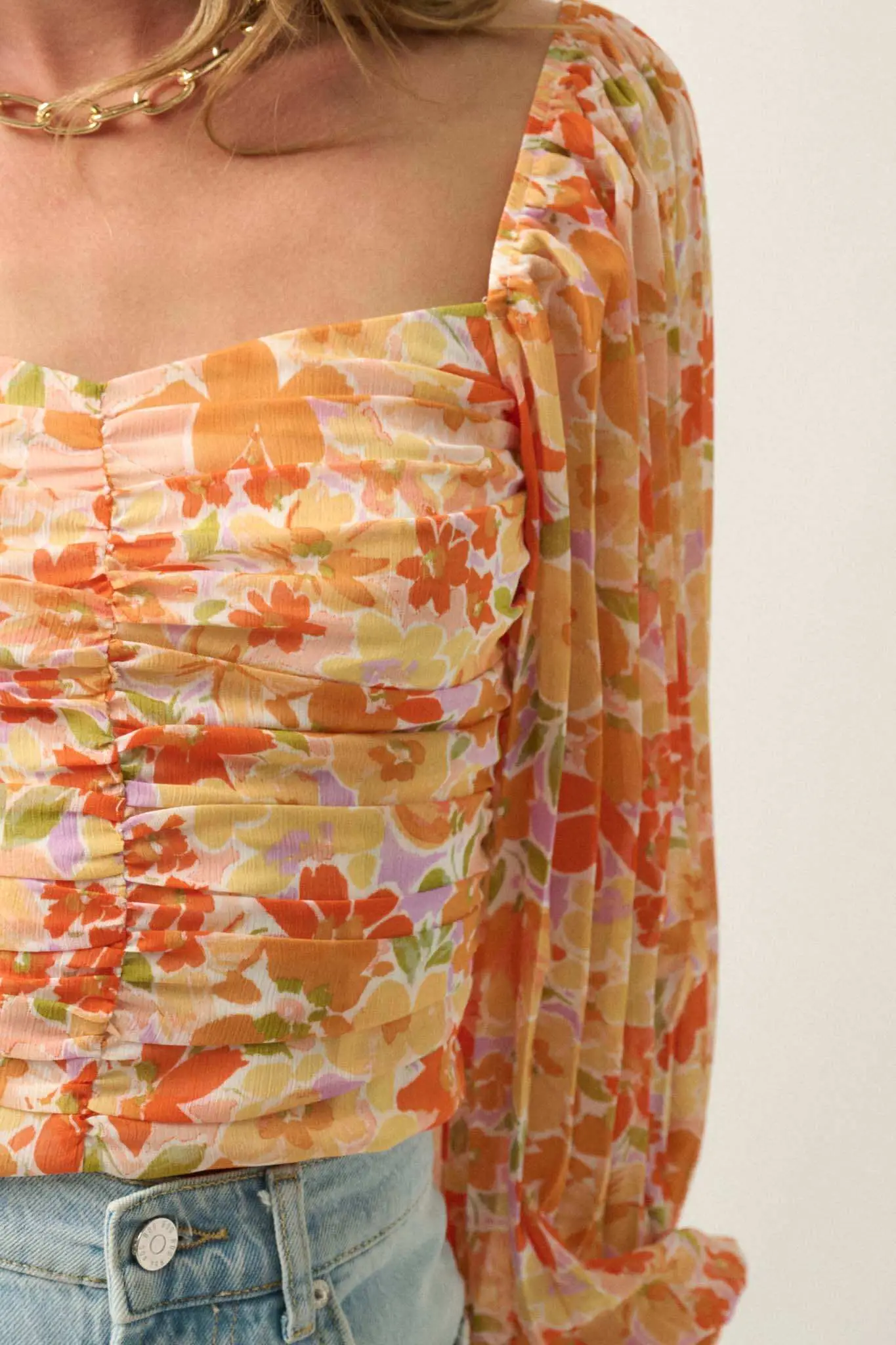 Apricot Kiss Ruched Floral Chiffon Pleated-Sleeve Top - Image 4