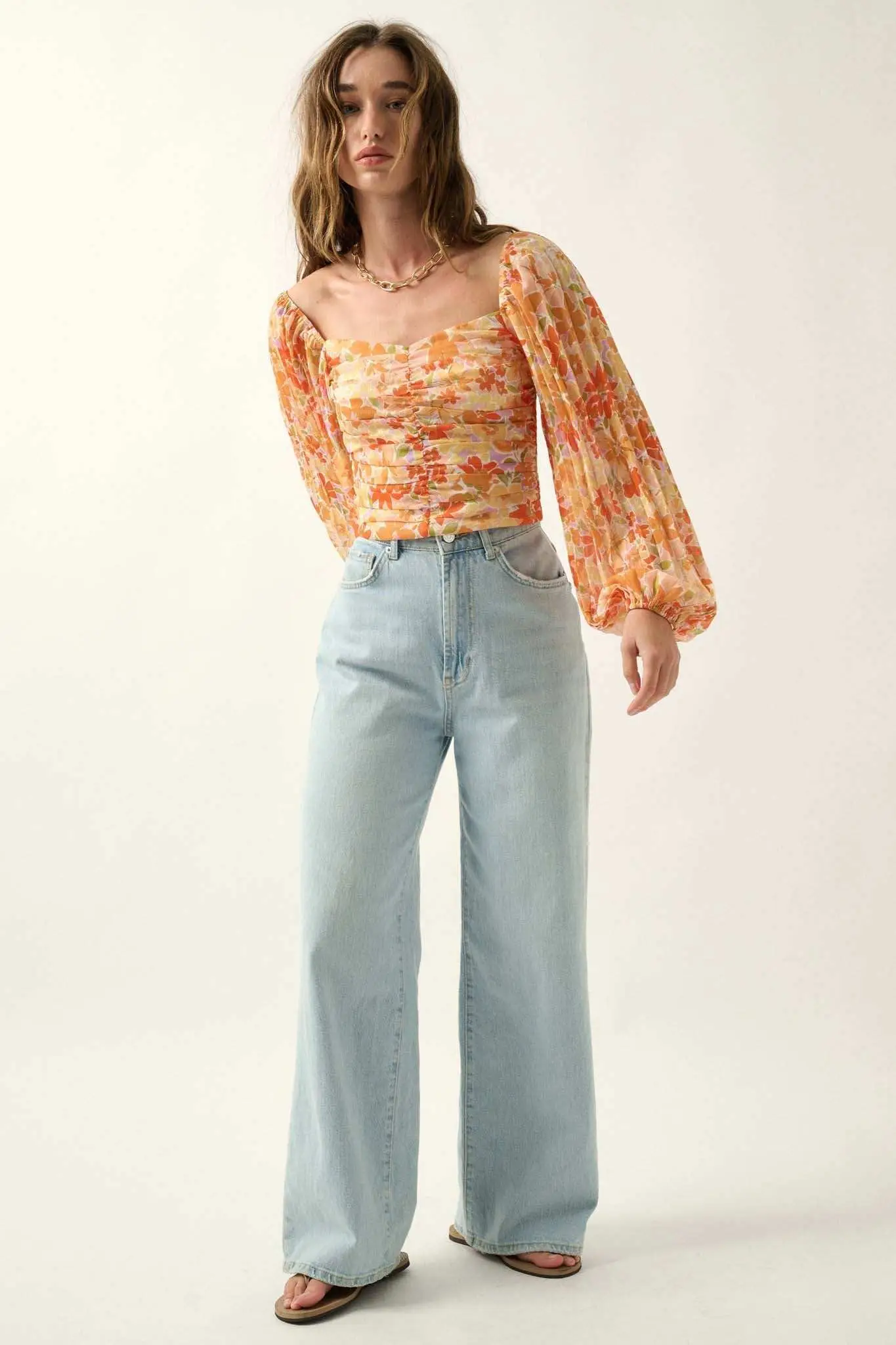 Apricot Kiss Ruched Floral Chiffon Pleated-Sleeve Top - Image 5