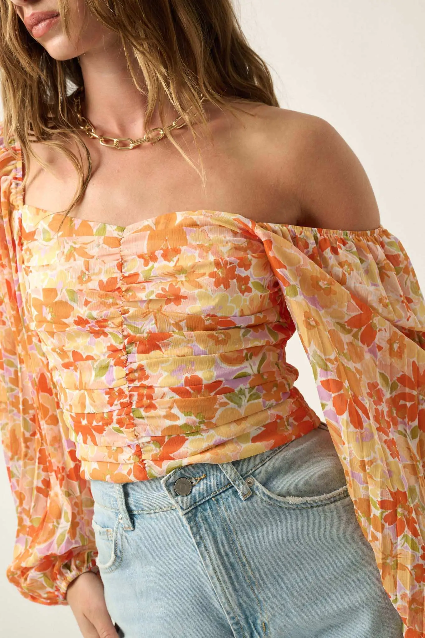 Apricot Kiss Ruched Floral Chiffon Pleated-Sleeve Top - Image 6