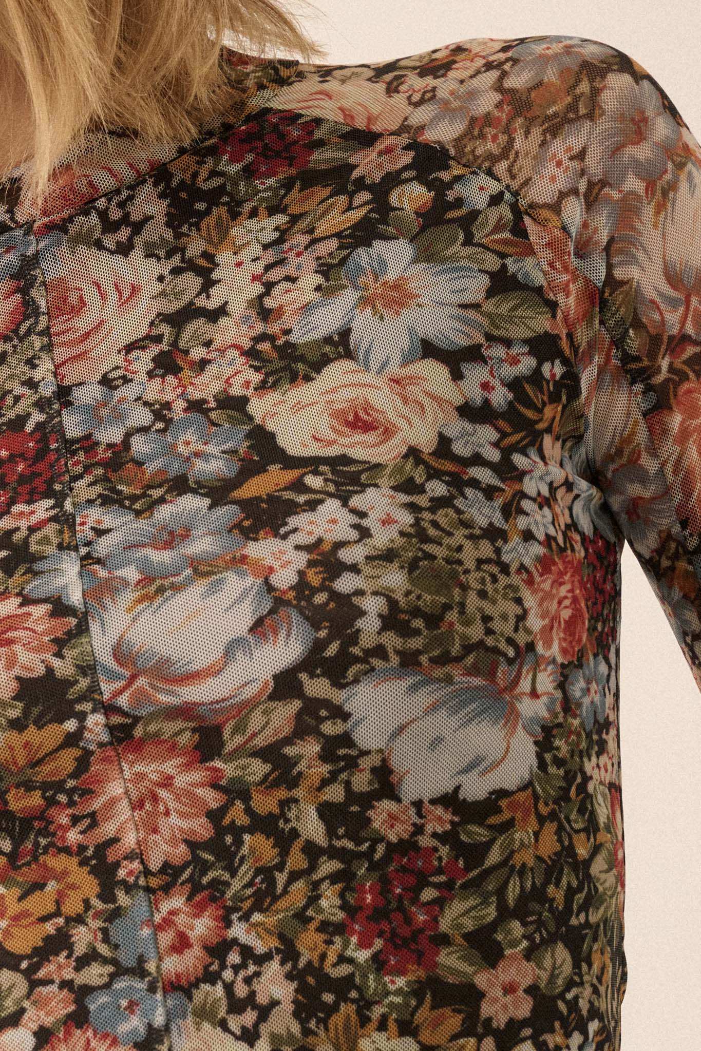 Autumn Blossoms Floral Mesh Mock-Neck Thumbhole Top - Image 5