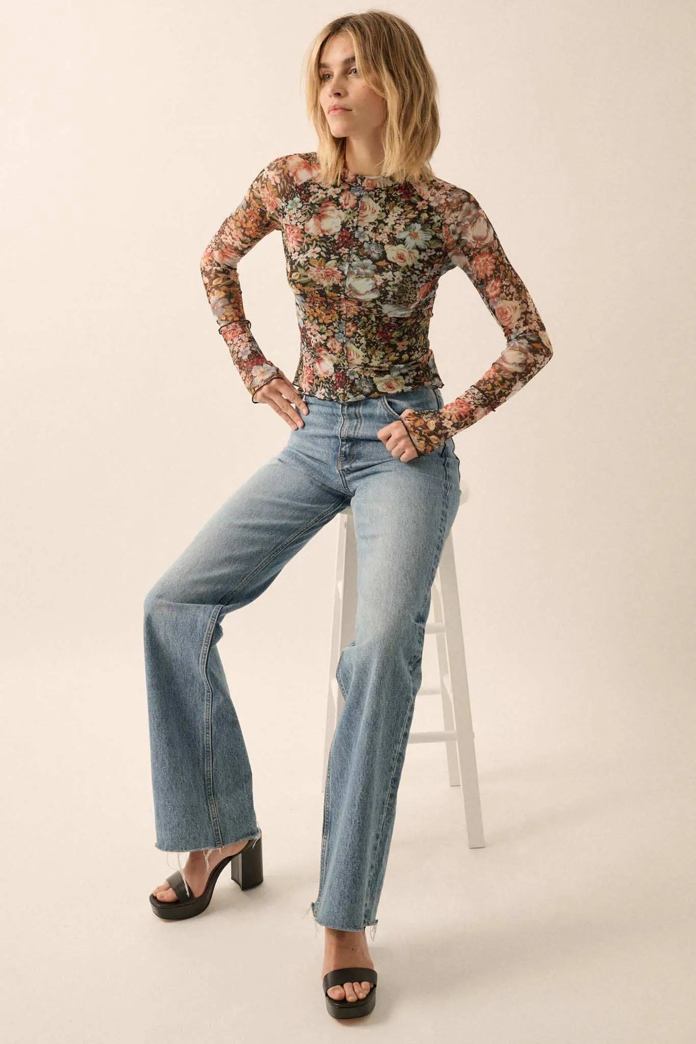 Autumn Blossoms Floral Mesh Mock-Neck Thumbhole Top - Image 6