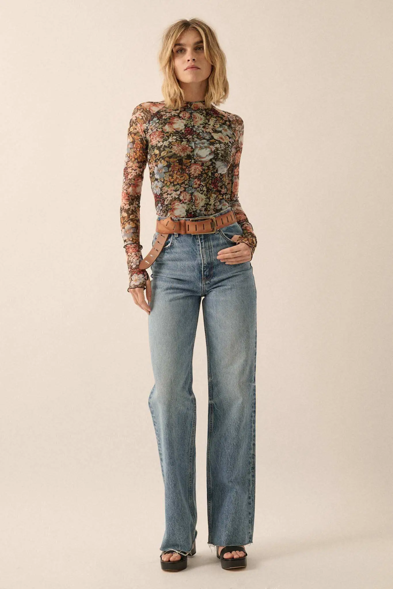 Autumn Blossoms Floral Mesh Mock-Neck Thumbhole Top - Image 8