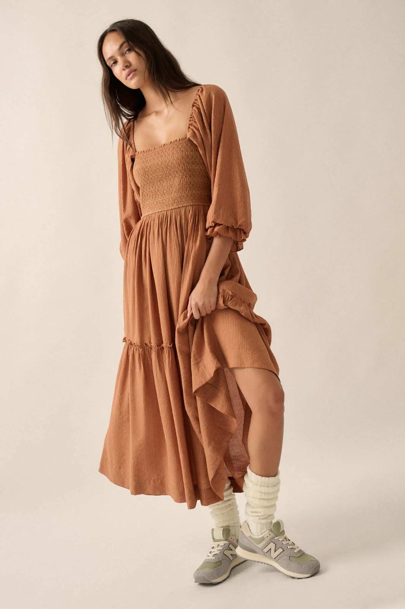 Autumn Sunset Smocked Midi Peasant Dress - Image 3