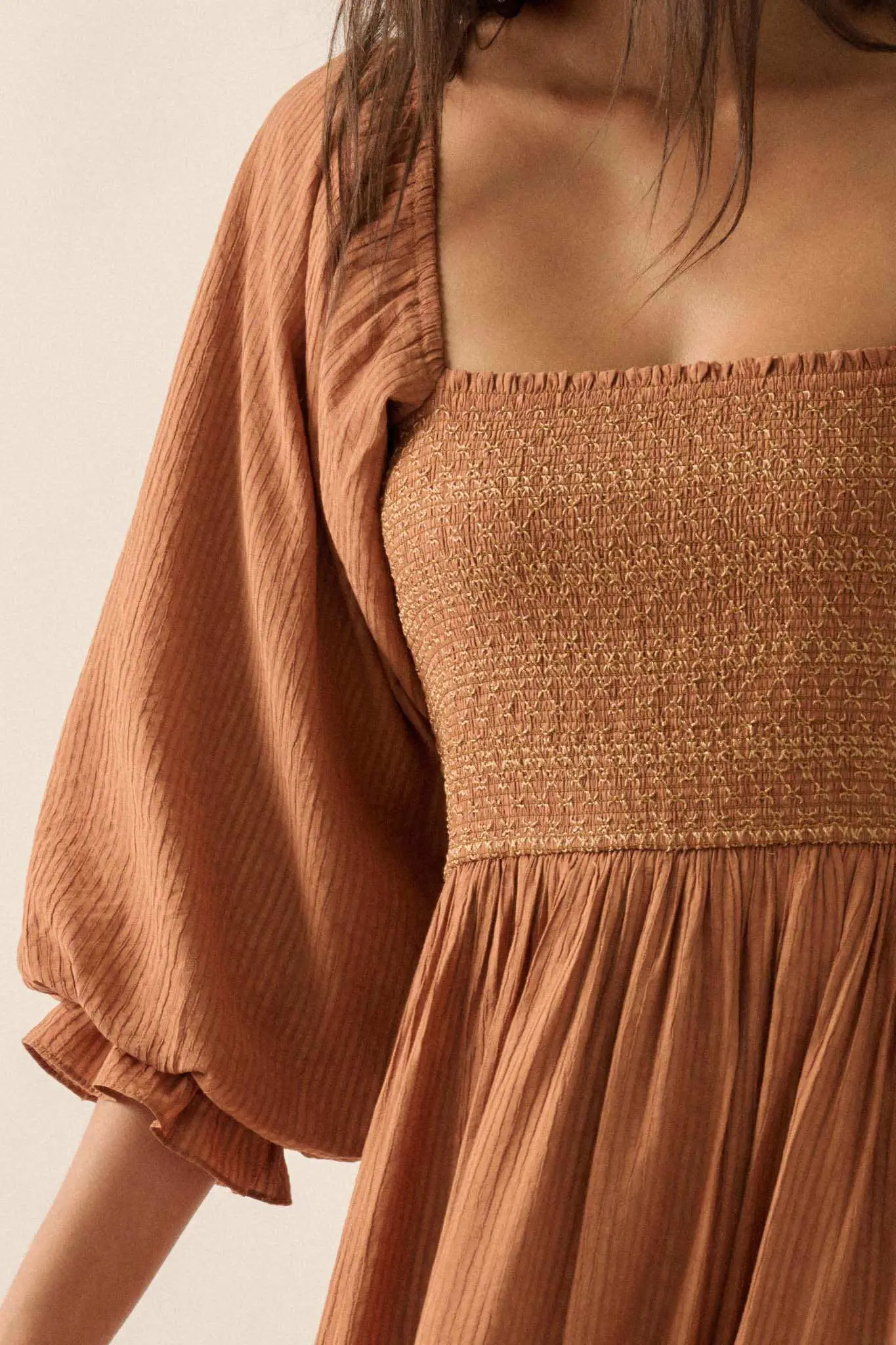 Autumn Sunset Smocked Midi Peasant Dress - Image 4