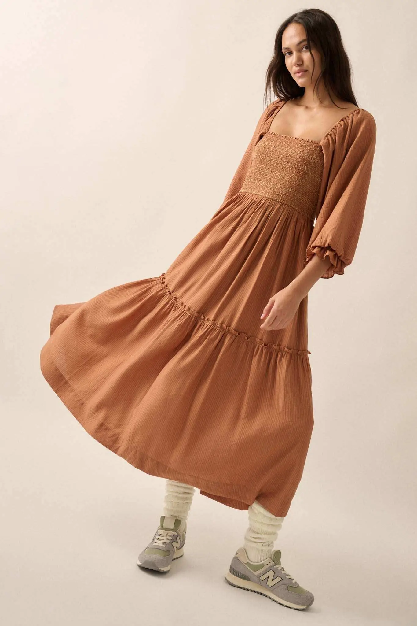 Autumn Sunset Smocked Midi Peasant Dress - Image 5