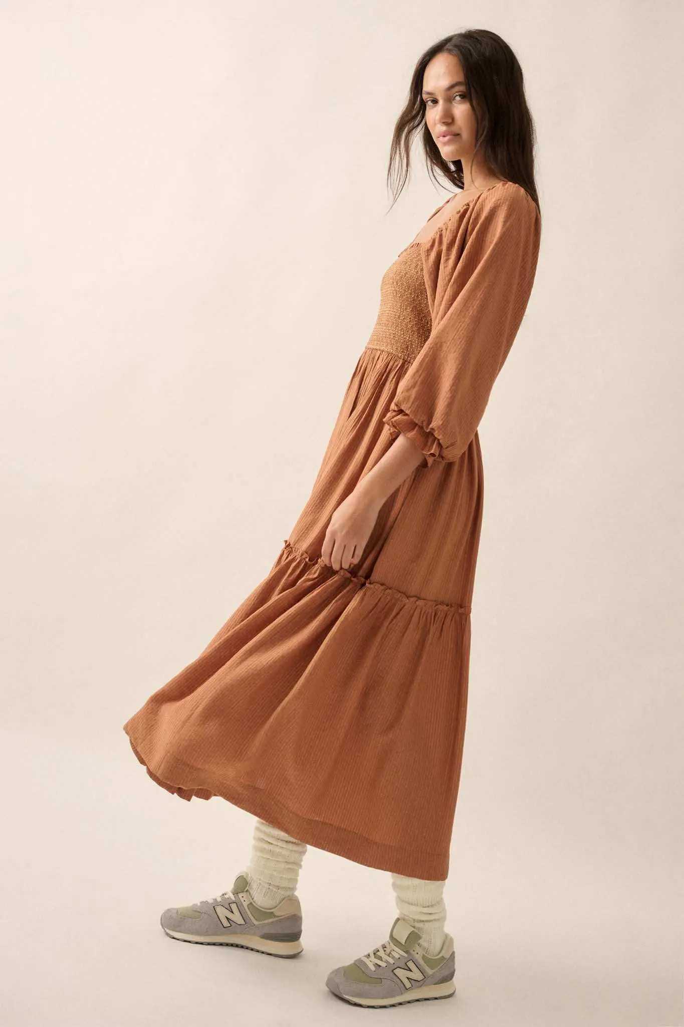 Autumn Sunset Smocked Midi Peasant Dress - Image 6