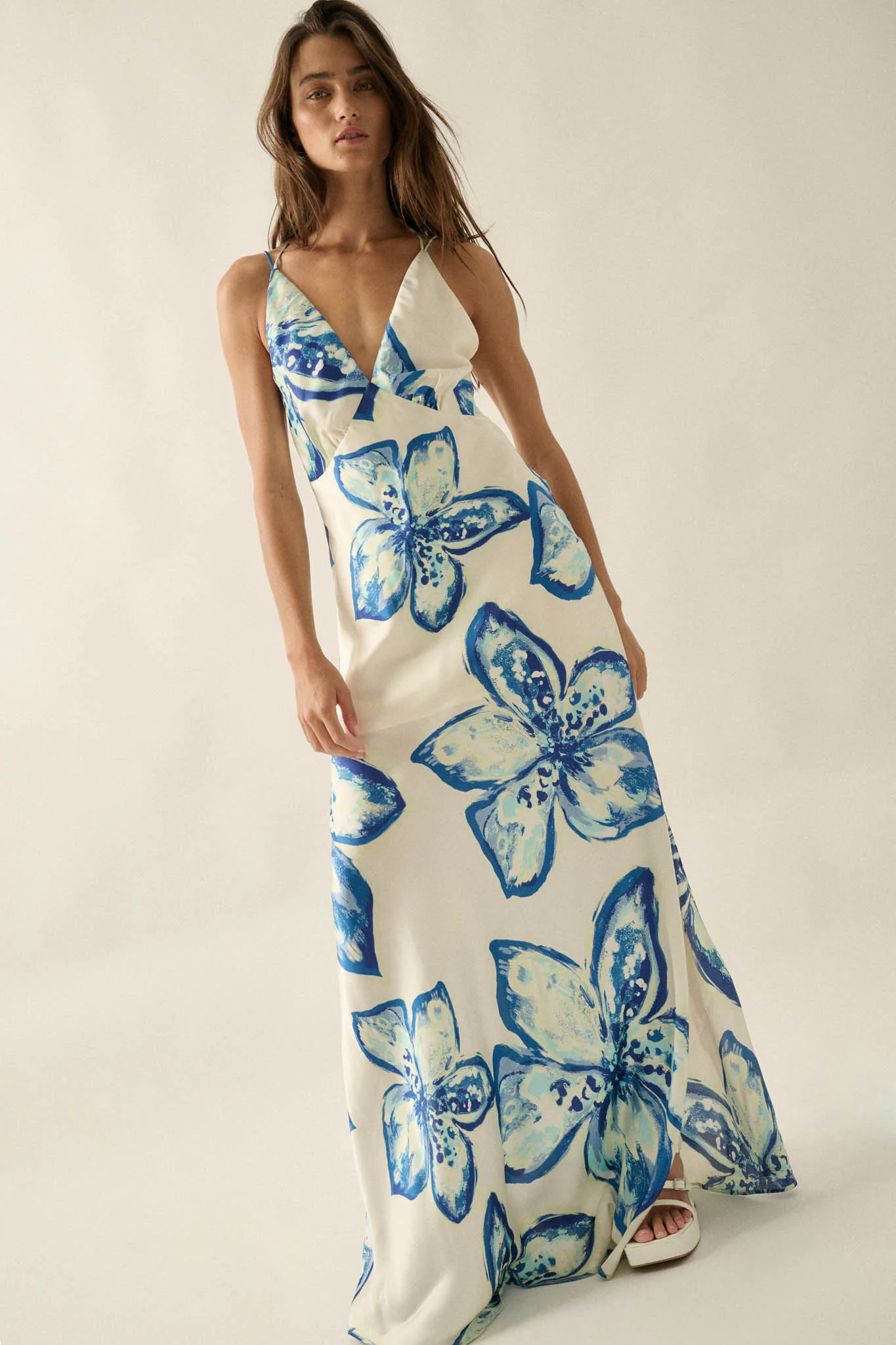 Azure Blossoms Floral Satin Open-Back Maxi Dress