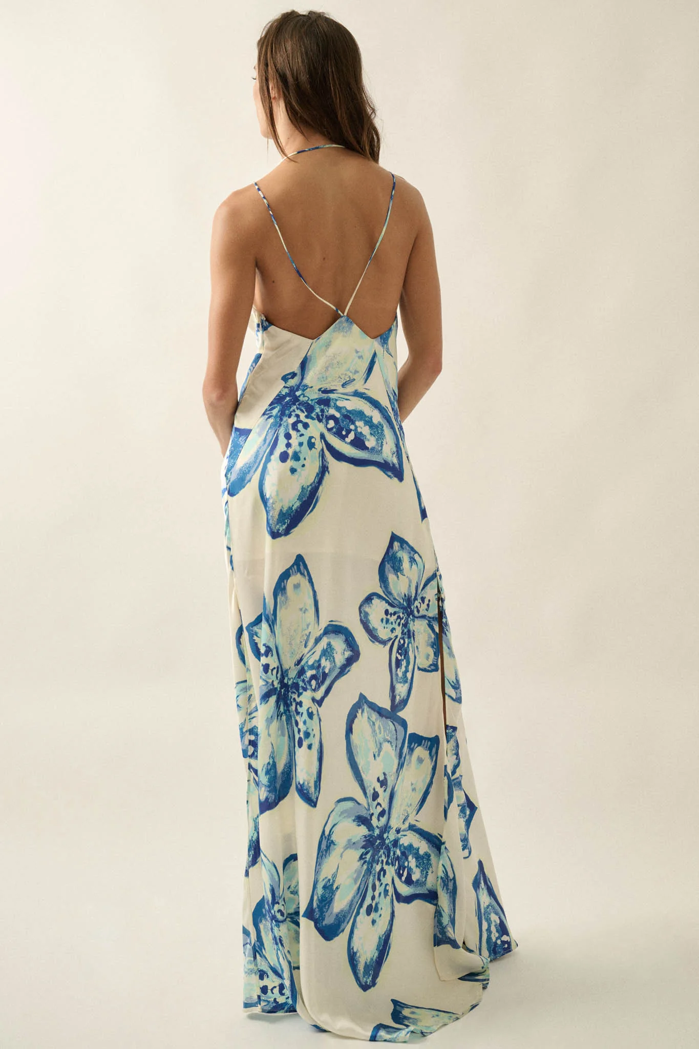 Azure Blossoms Floral Satin Open-Back Maxi Dress - Image 2