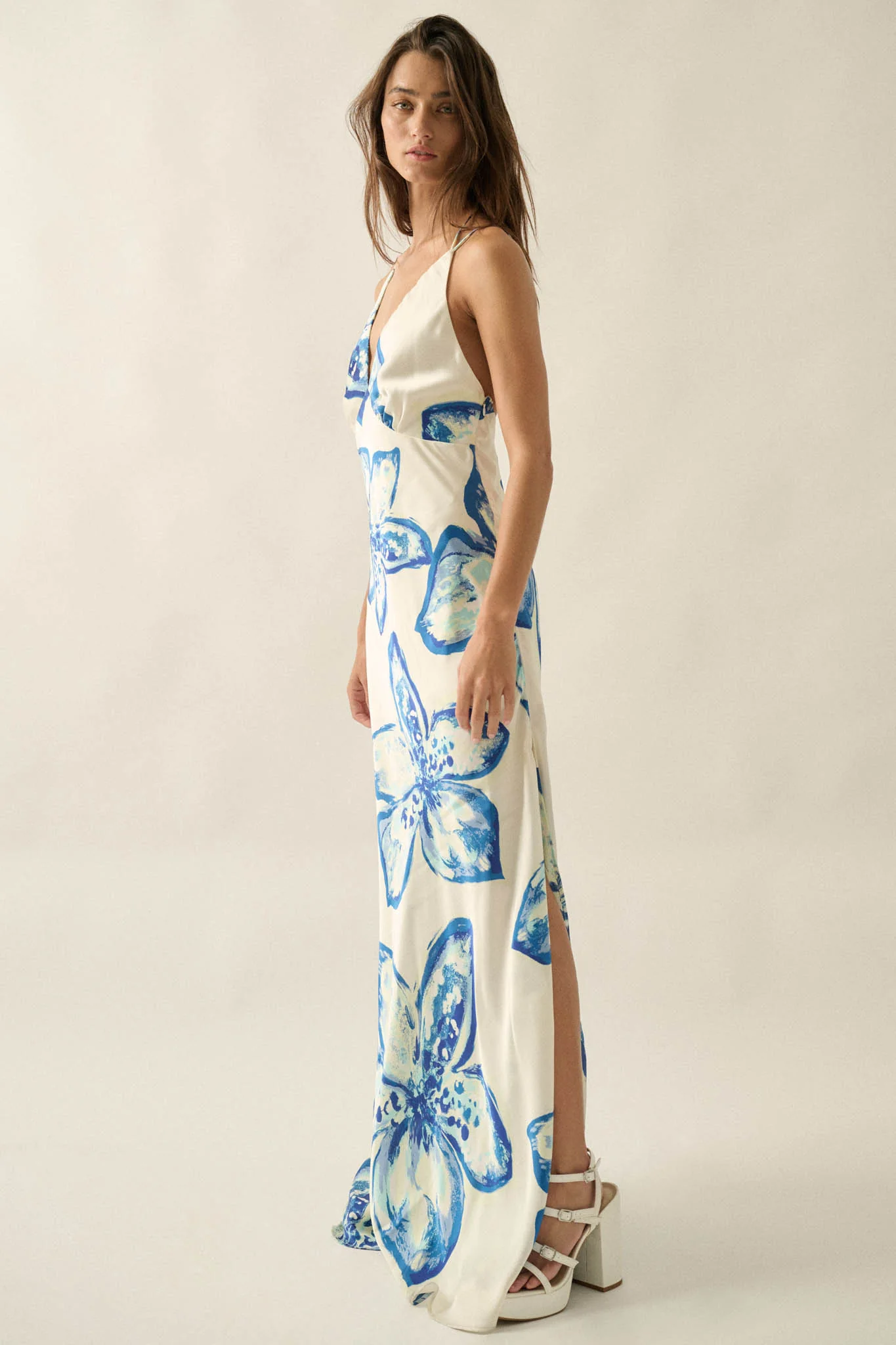 Azure Blossoms Floral Satin Open-Back Maxi Dress - Image 6