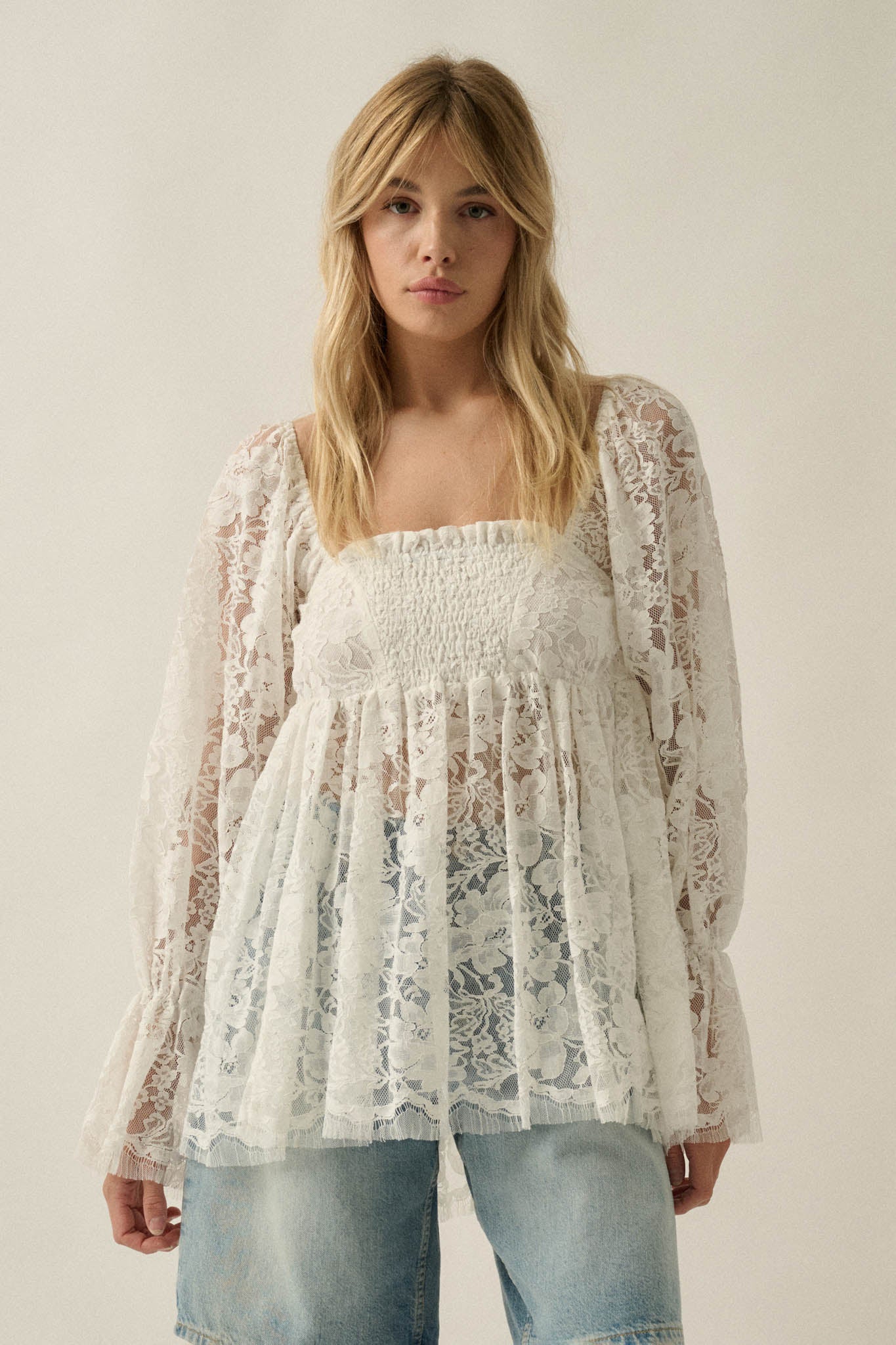 Baby Cakes Smocked Lace Square-Neck Babydoll Top - Image 3