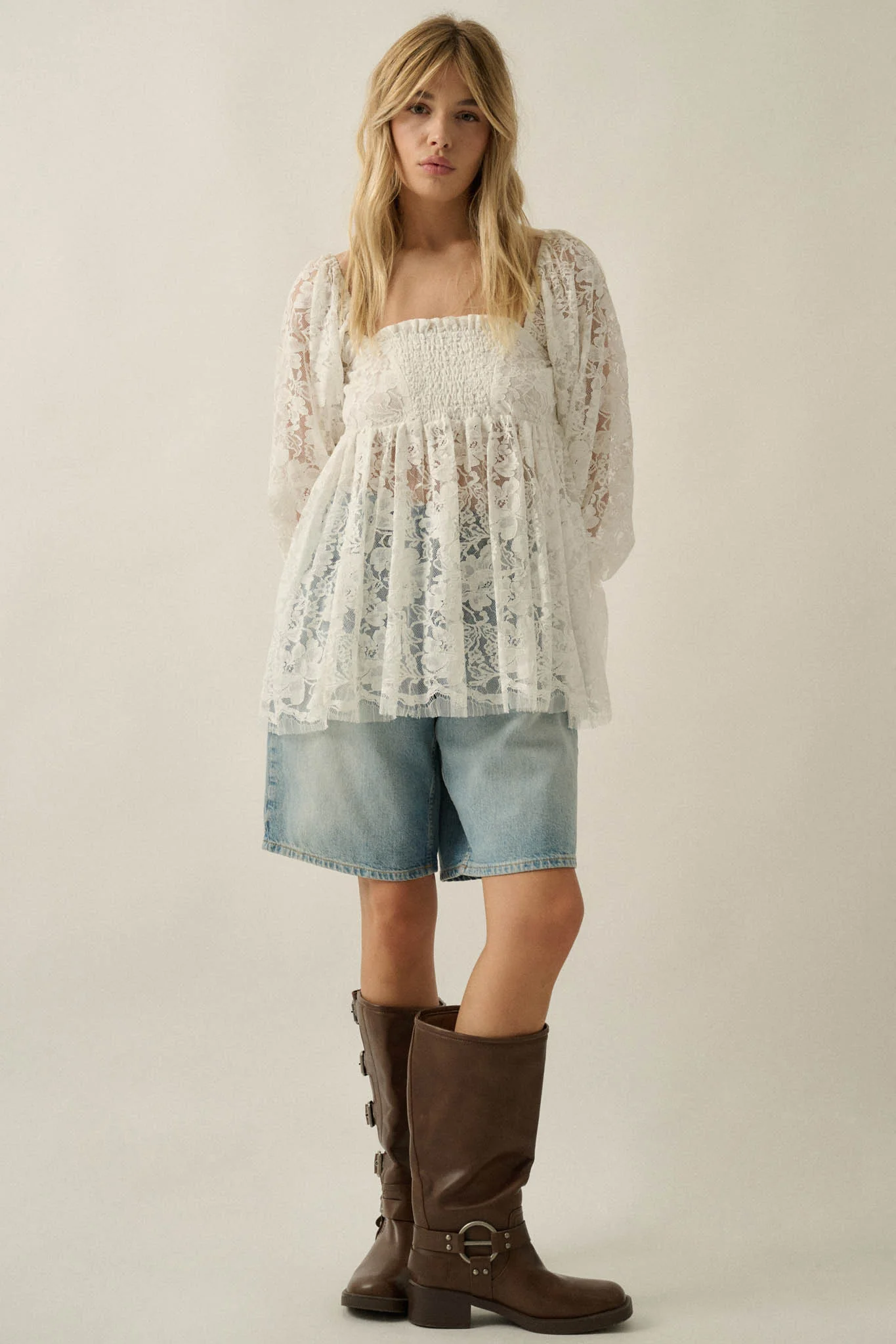 Baby Cakes Smocked Lace Square-Neck Babydoll Top - Image 5