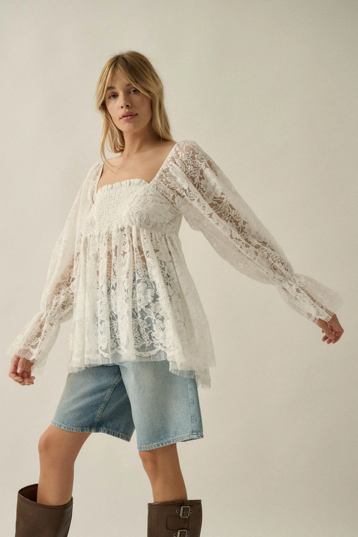 Baby Cakes Smocked Lace Square-Neck Babydoll Top - Image 6