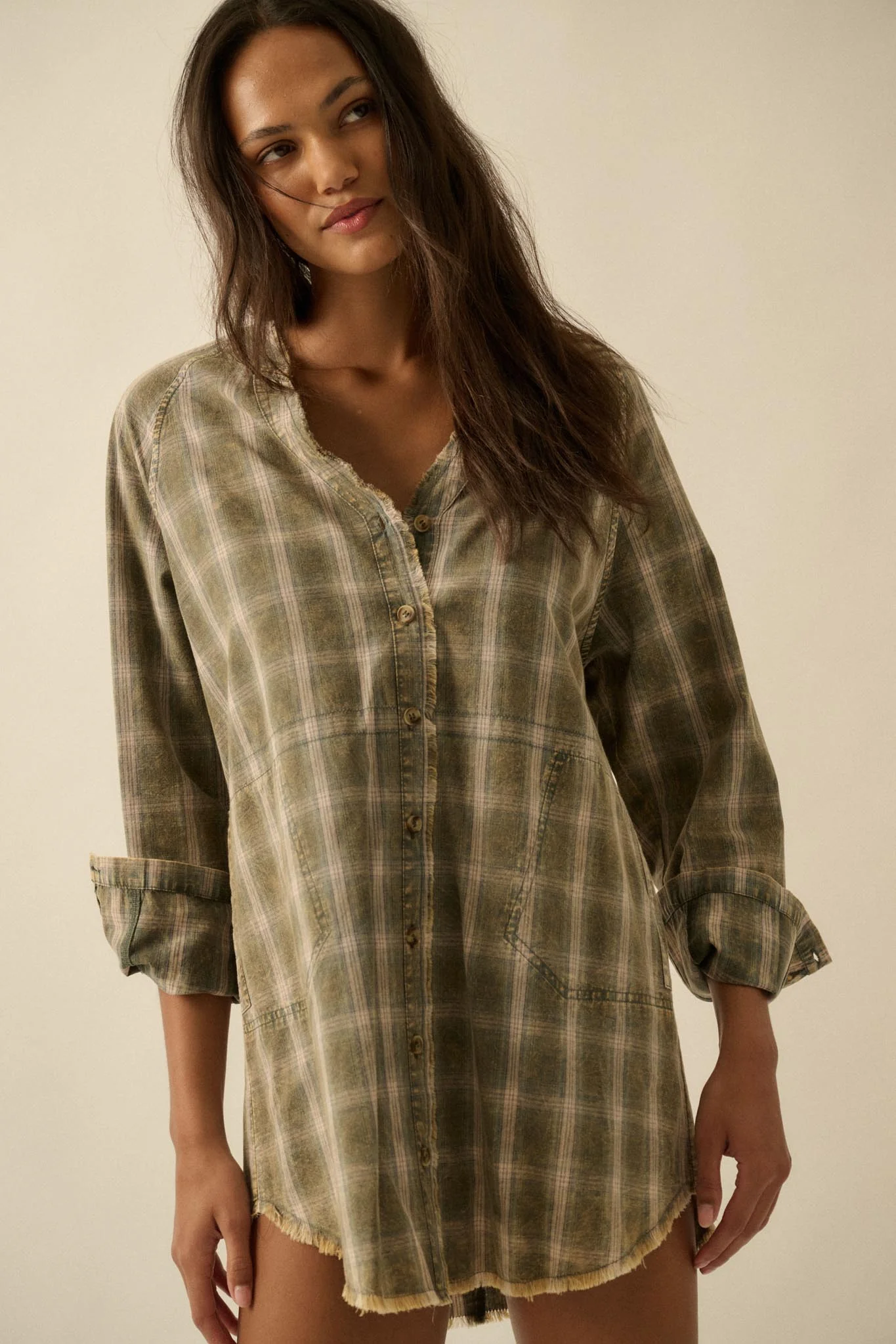 Back Roads Plaid Flannel Raw-Edge Mini Shirt Dress - Image 13