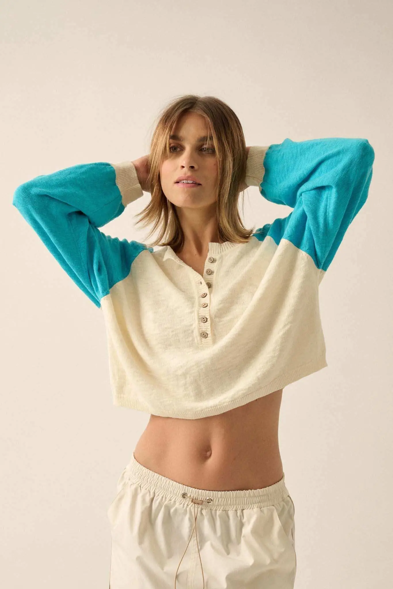 Bases Loaded Colorblock Slub-Knit Henley Sweater - Image 3
