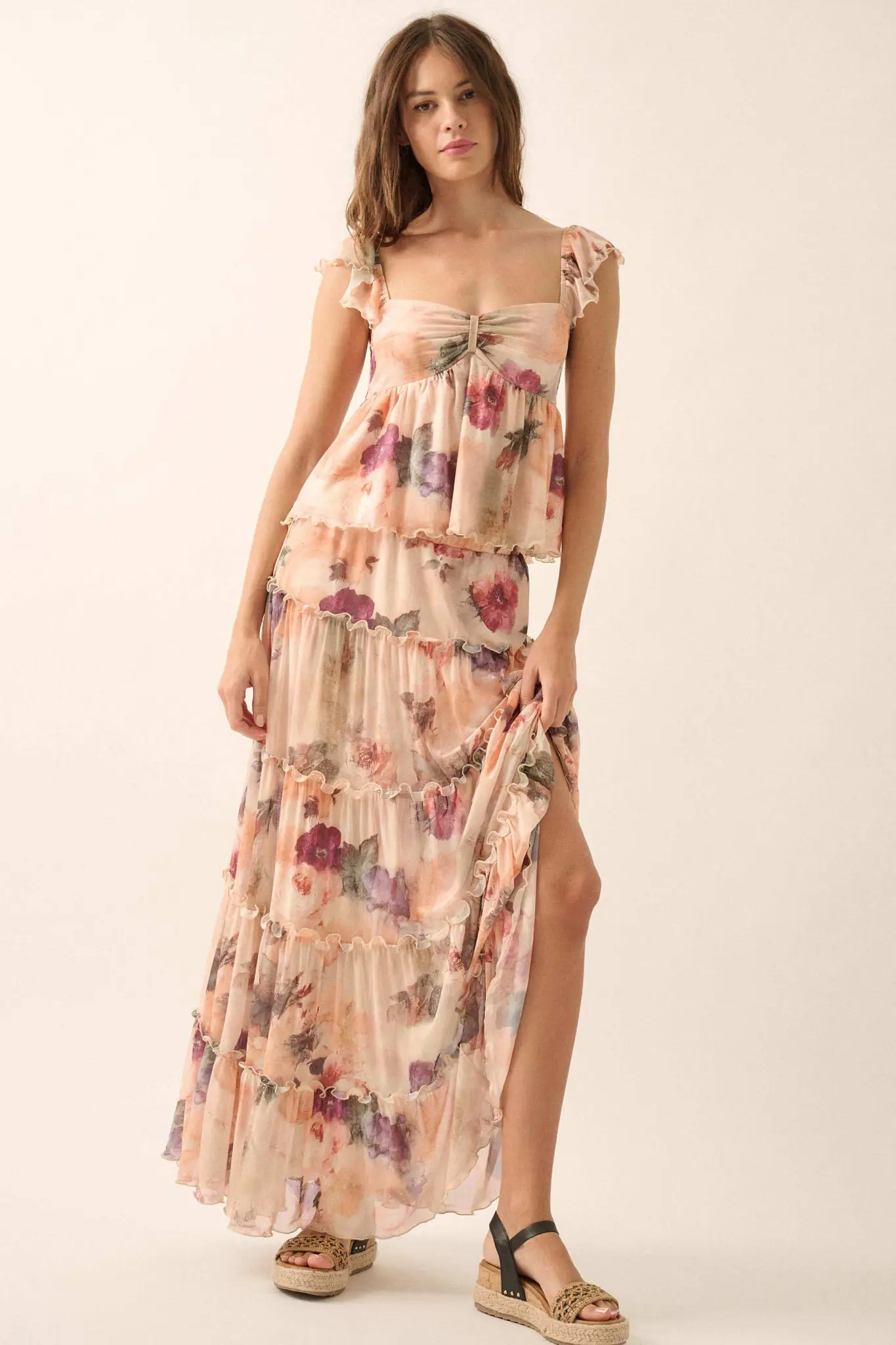 Bashful Blush Floral Mesh Tiered Ruffle Maxi Skirt