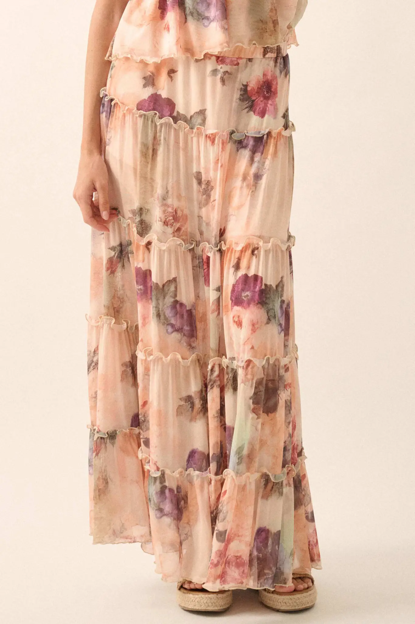 Bashful Blush Floral Mesh Tiered Ruffle Maxi Skirt - Image 2