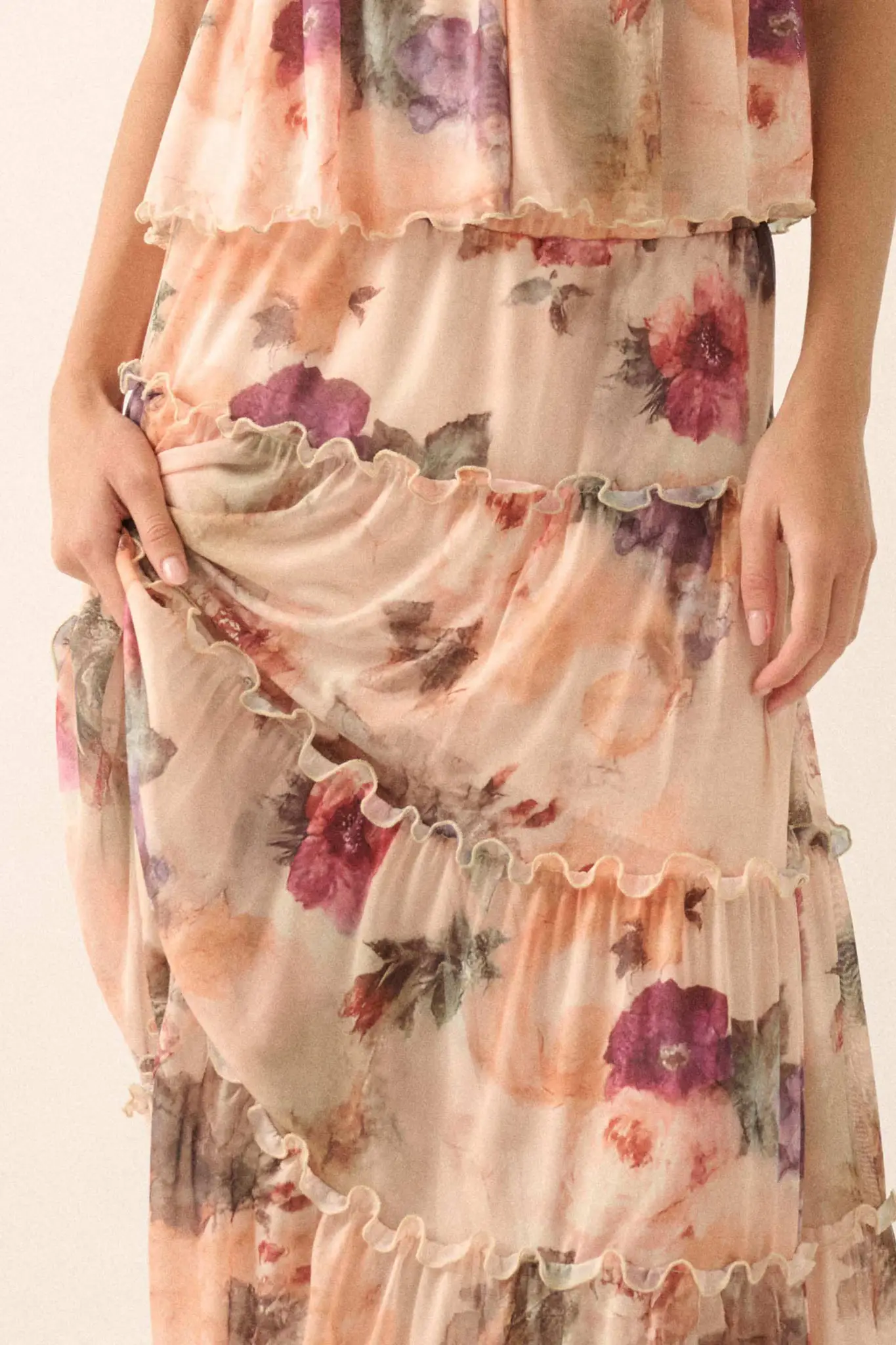 Bashful Blush Floral Mesh Tiered Ruffle Maxi Skirt - Image 3