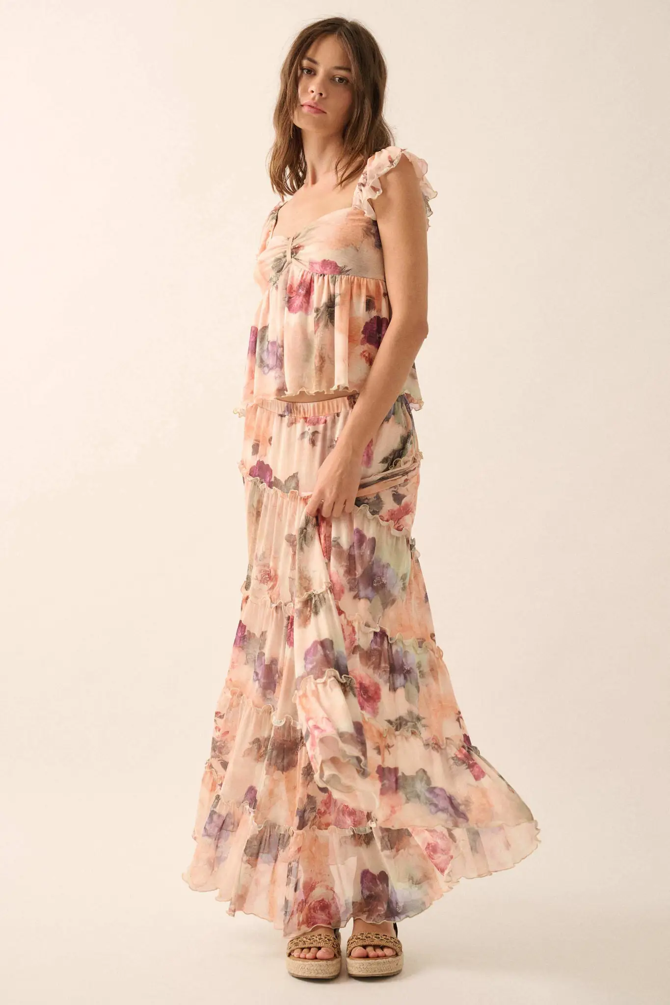 Bashful Blush Floral Mesh Tiered Ruffle Maxi Skirt - Image 4