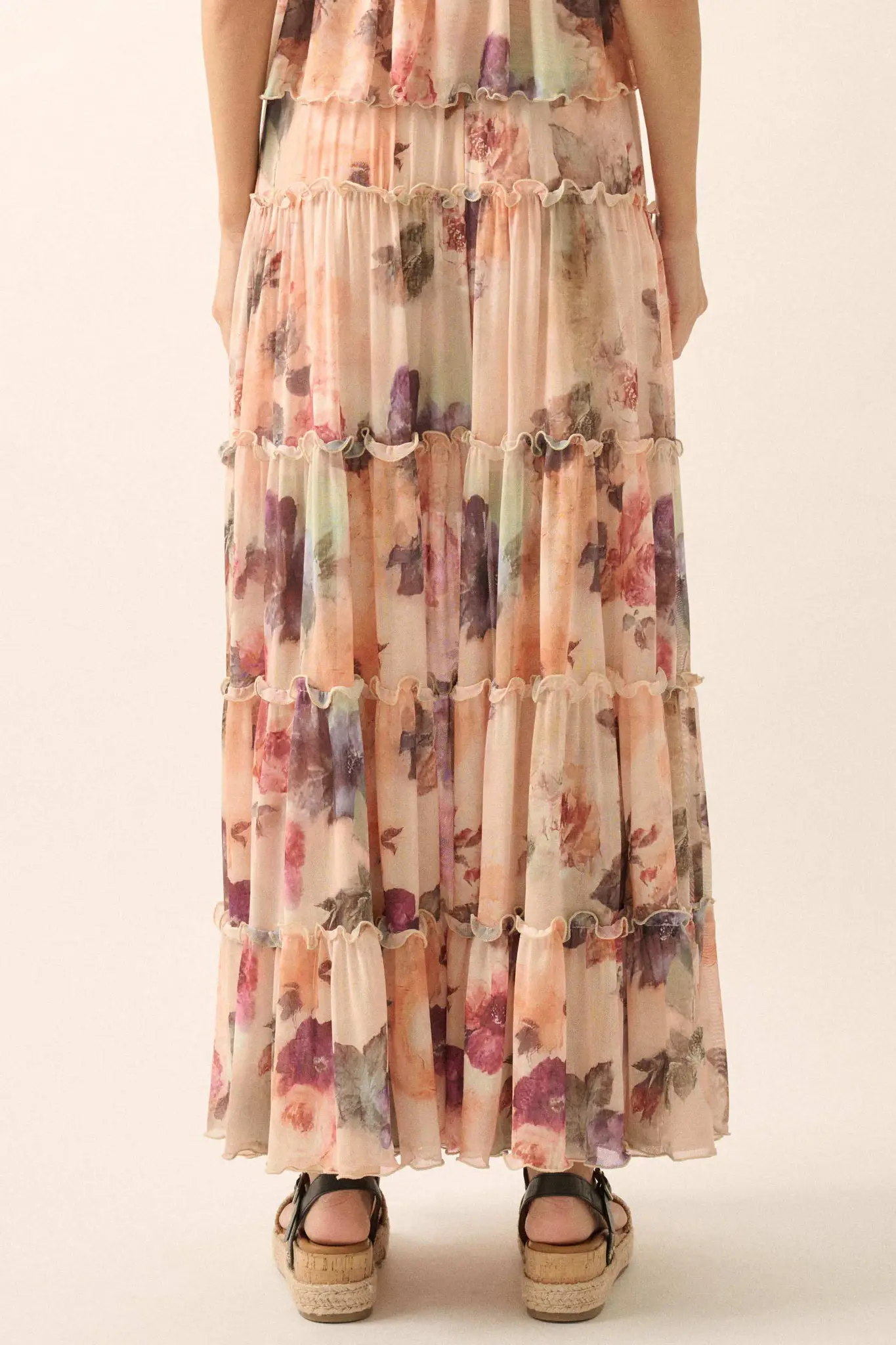 Bashful Blush Floral Mesh Tiered Ruffle Maxi Skirt - Image 5